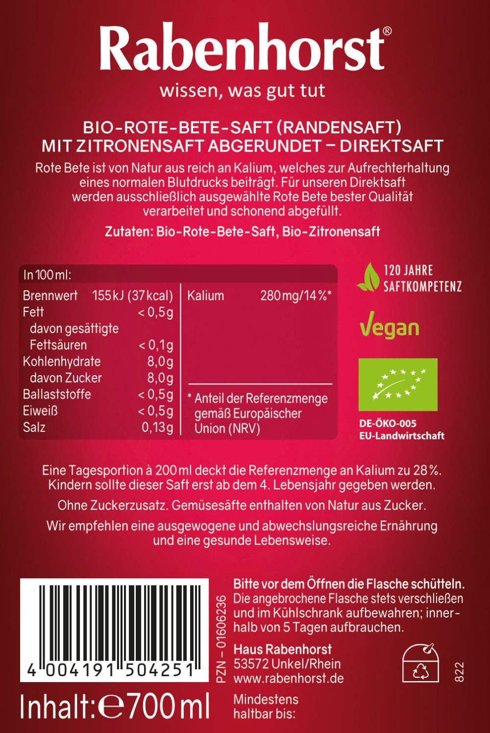 Haus Rabenhorst Saft Rabenhorst Rote Bete BIO 6er Pack (6 x 700 ml), 0,7 l, 6 St. – Bild 4 von 5