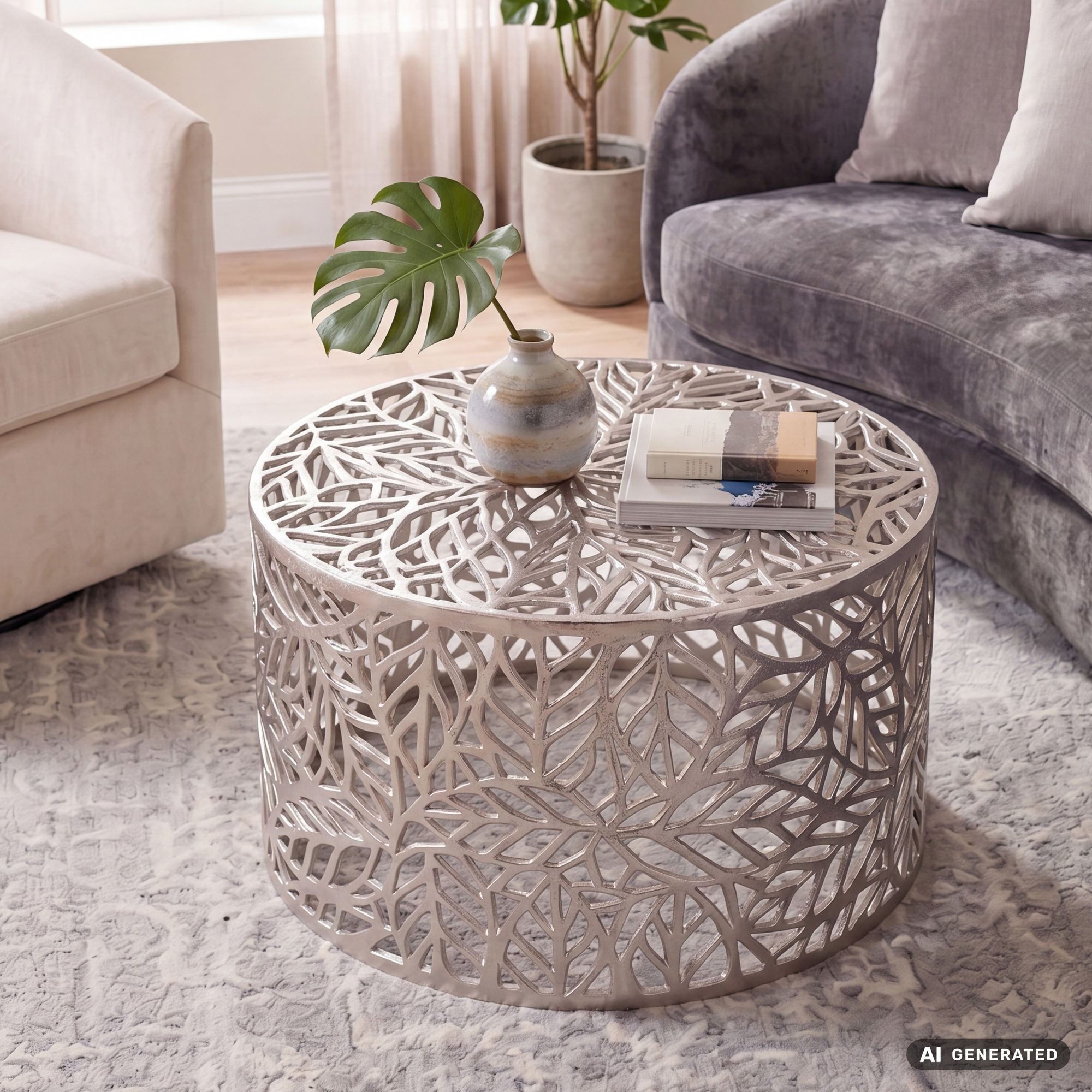 FINEBUY Couchtisch FB77849 Sofatisch Silber 60cm Loungetisch Rund Beistelltisch Modern (Runder Kaffeetisch aus lackiertem Aluminium), Wohnzimmertisch im Blätterlook Handmade