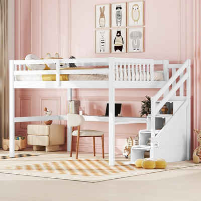 Flieks Hochbett Massivholz Etagenbett Kinderbett 140×200cm mit Treppe und Schreibtisch