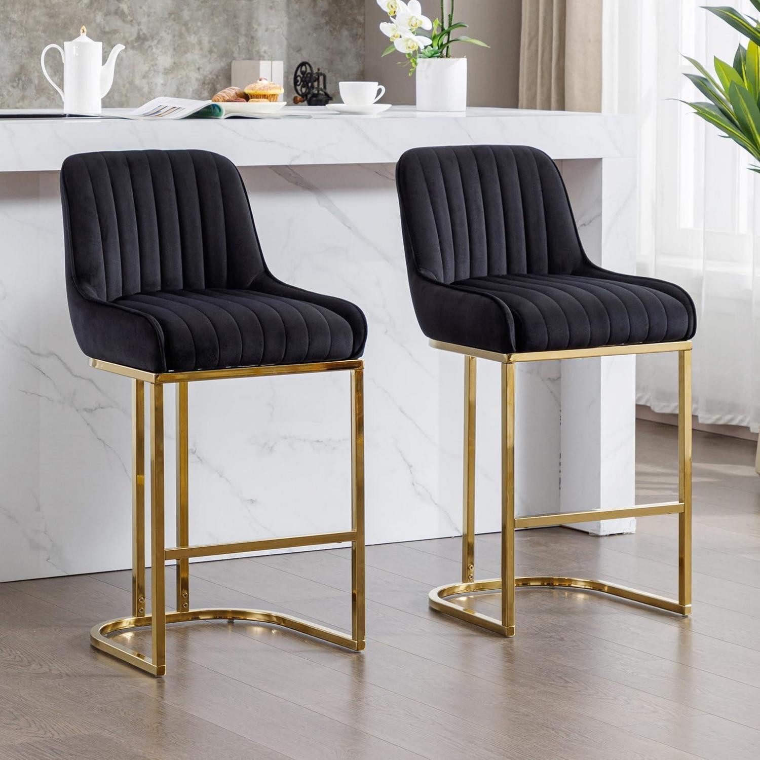 Barhocker Barhocker 2er Set Samt Metall Gold Rückenlehne Schwarz