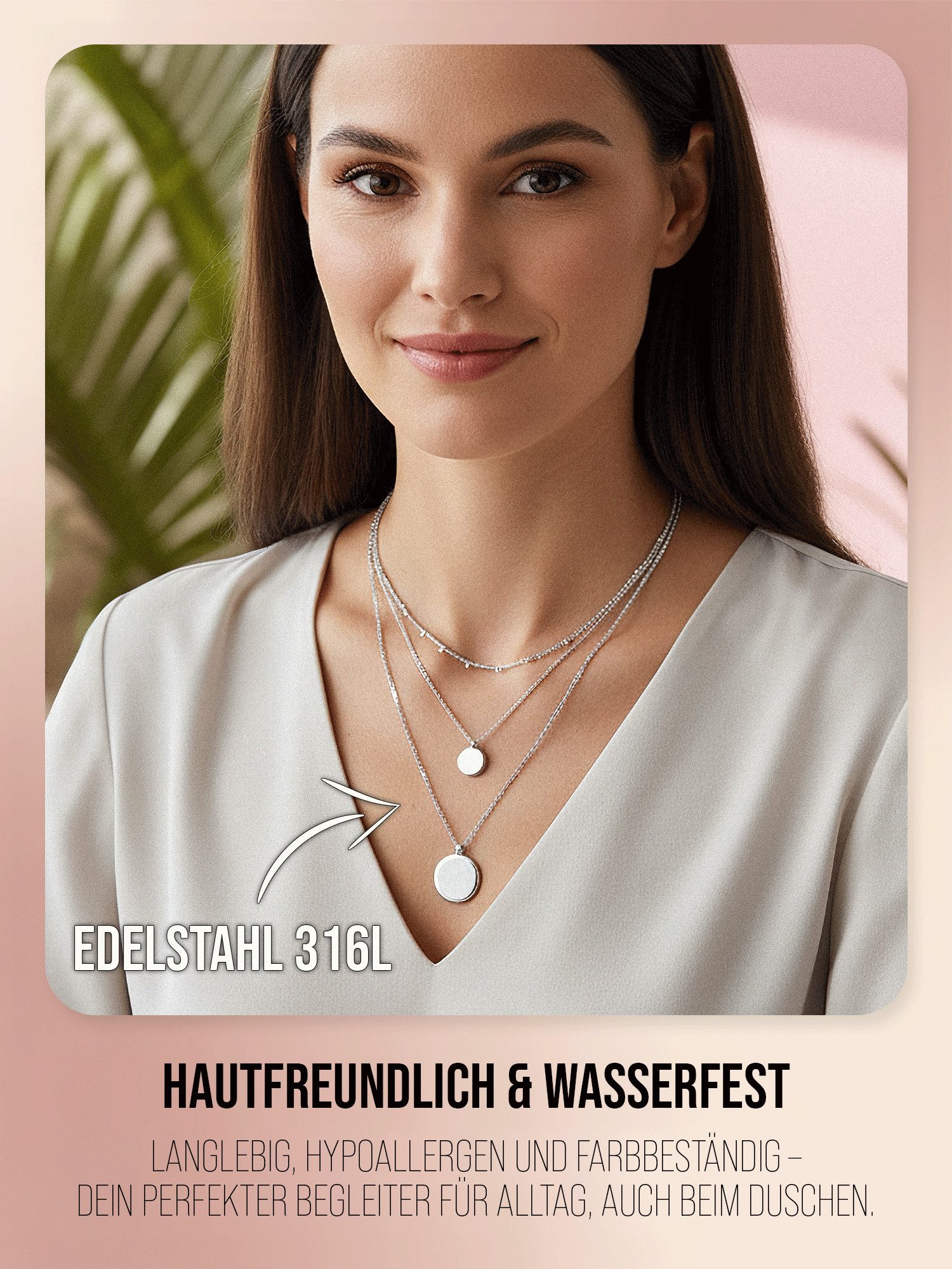 THIORA Ketten-Set Halskette „Capri Coin“ – Dreireihig, Layering, Edelstahl, Verstellbar, dreireihig, Layering-Look, verstellbar, wasserfest, hypoallergen