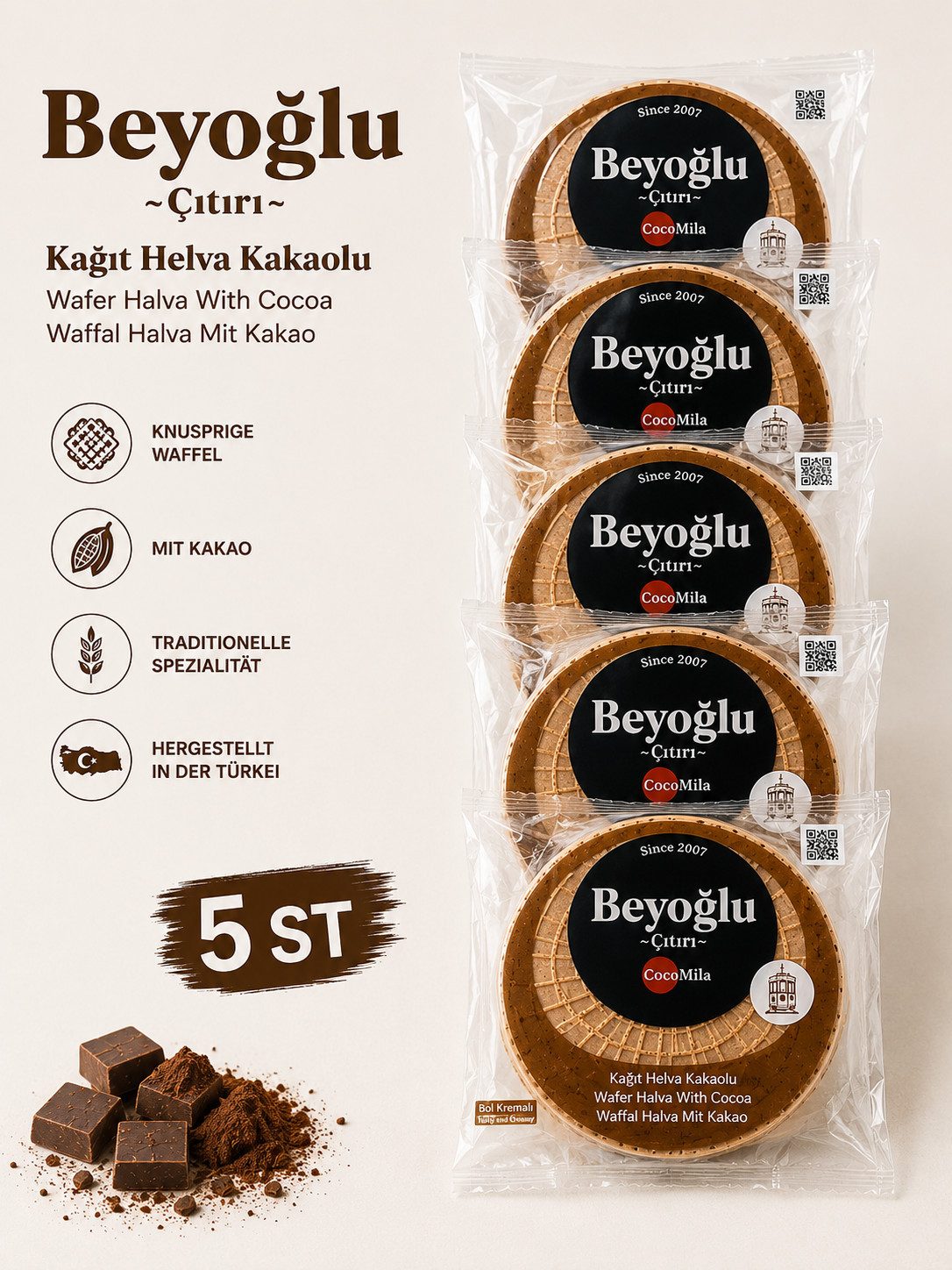 Beyoglucitiri Süßigkeit Kakao Waffel Halva 40 g – Knusprige türkische Süßigkeit mit Kakaocreme, 1 x 40 g, 1 St., Knusprige Waffelspezialität, Mit Kakao, Einzeln verpackt