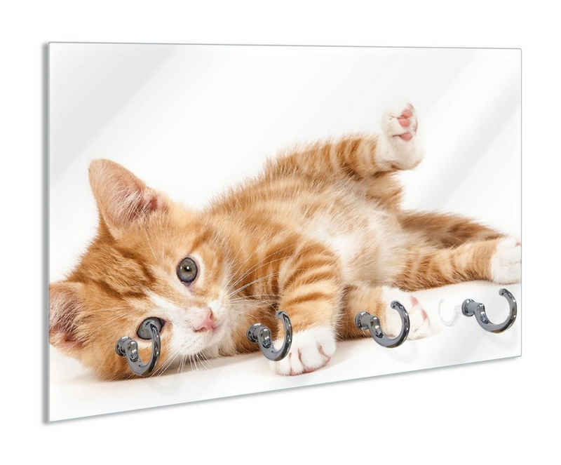 Wallario Schlüsselbrett Süße Katze mit großen Augen - rot weiß getigert, (inkl. Aufhängeset), 30x20cm, aus ESG-Sicherheitsglas