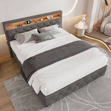 MODFU Polsterbett Doppelbett (LED-Bett, Nachttisch-USB-Schnittstelle, Polsterbett mit 4 Schubladen), 140*200 cm, Ohne matratze