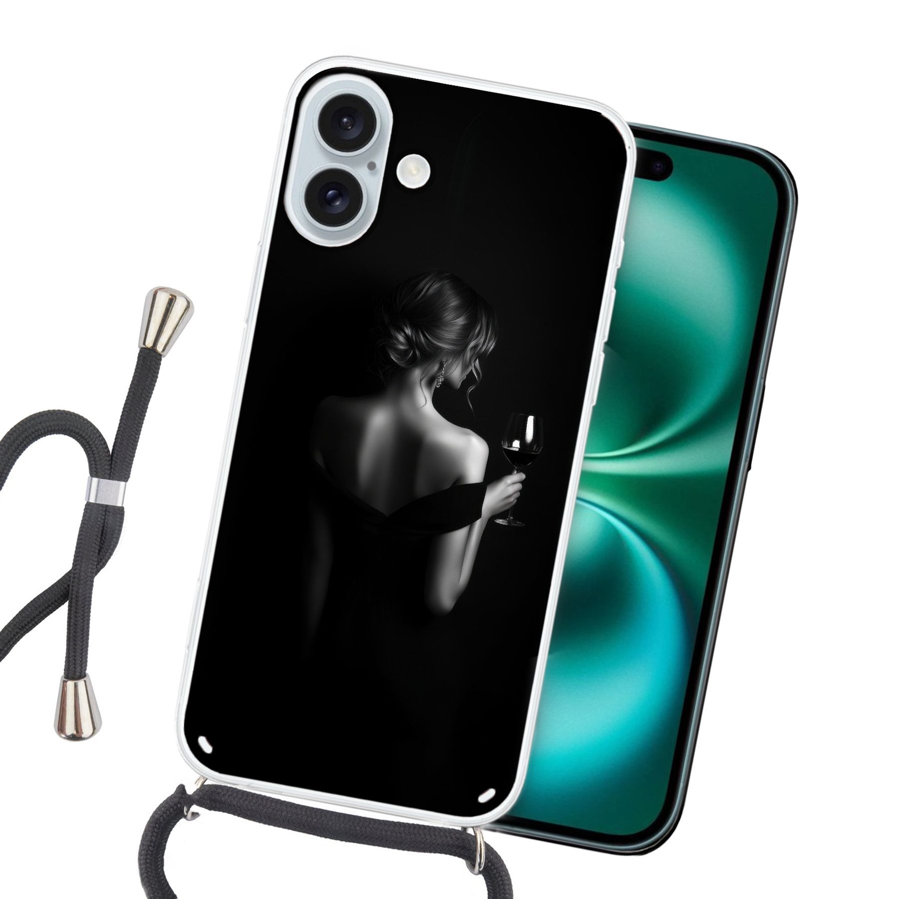 MuchoWow Handyhülle für Apple iPhone 16 Plus Frau - Wein - Kleid, Tragbare Handyhüllen mit Kette zum umhängen, Handykette Handyband