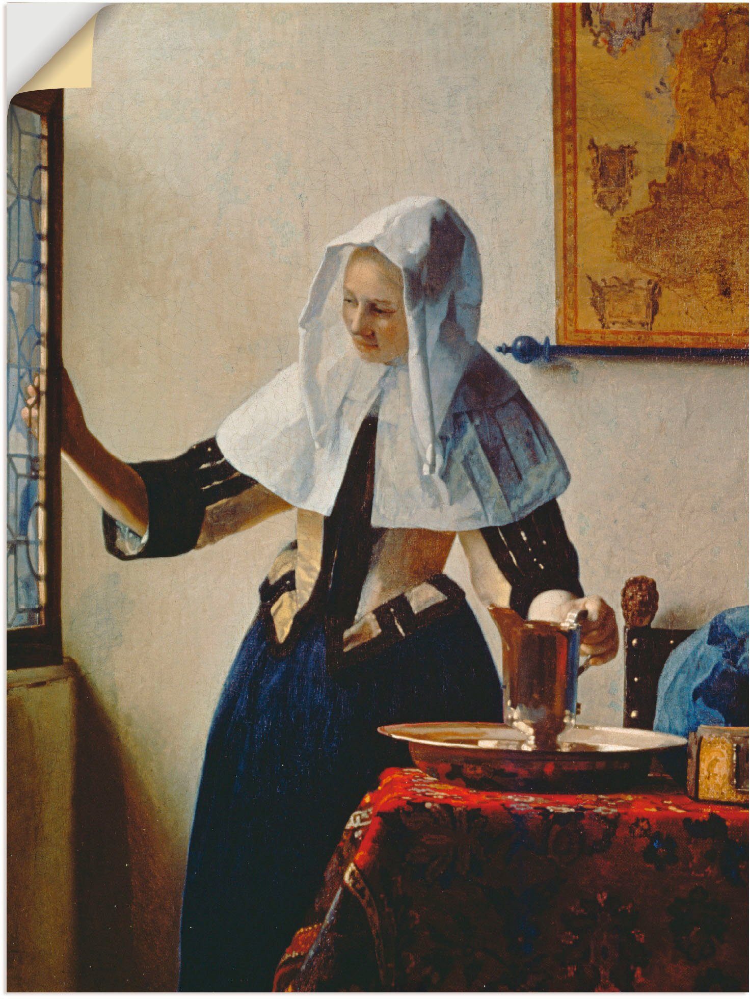 Artland Wandbild Junge Frau mit Wasserkrug am Fenster, Frau (1 St), als Leinwandbild, Wandaufkleber oder Poster in versch. Größen