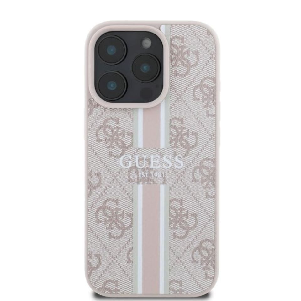 Guess Handyhülle iPhone 16 Pro Kunstleder rosa Logo MagSafe kompatibel 6,3 Zoll, Kantenschutz