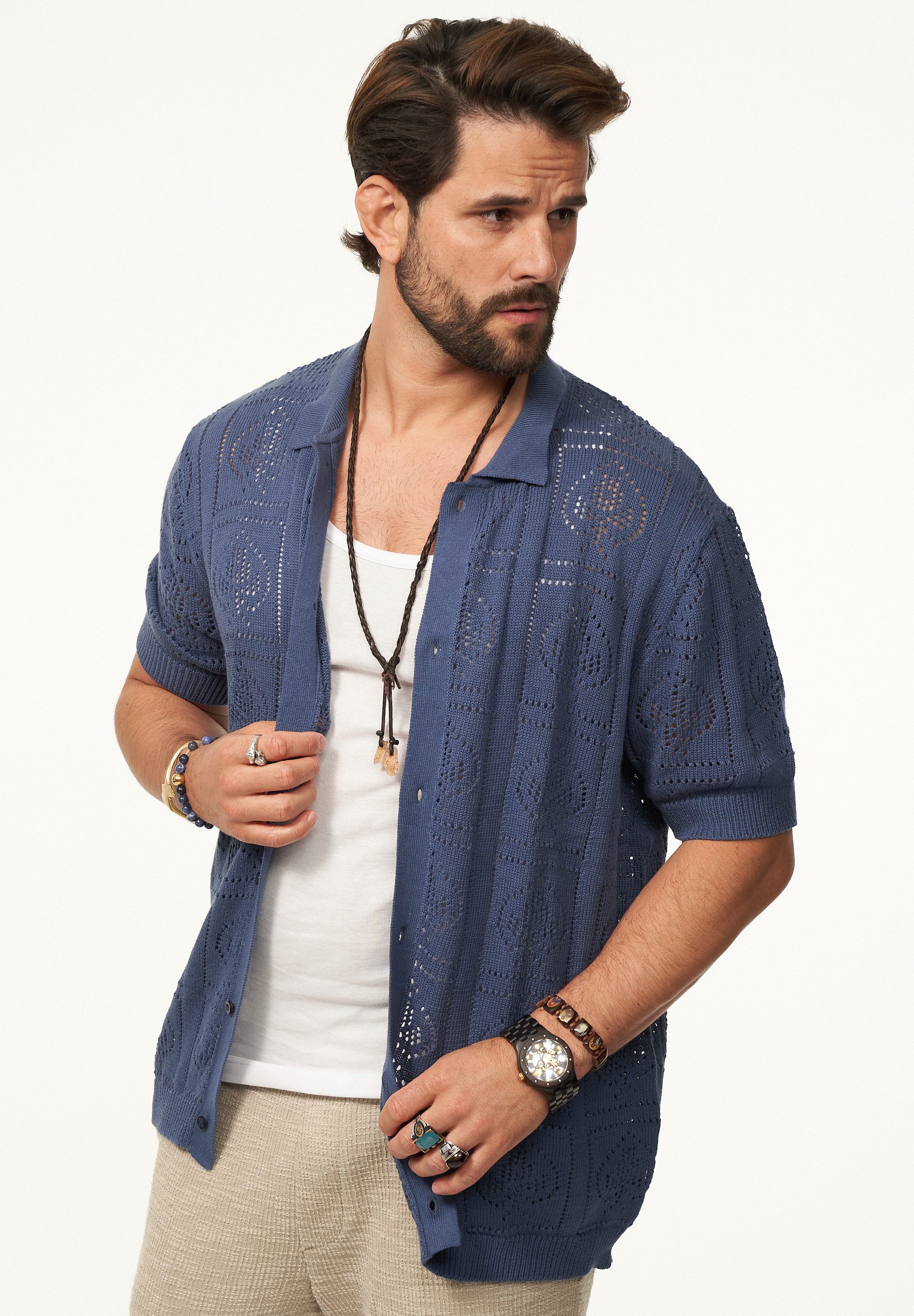 SOULSTAR Poloshirt im Crochet Vintage Summer-Look Herren Kurzarm Strick Polo-Hemd Cardigan T-Shirt