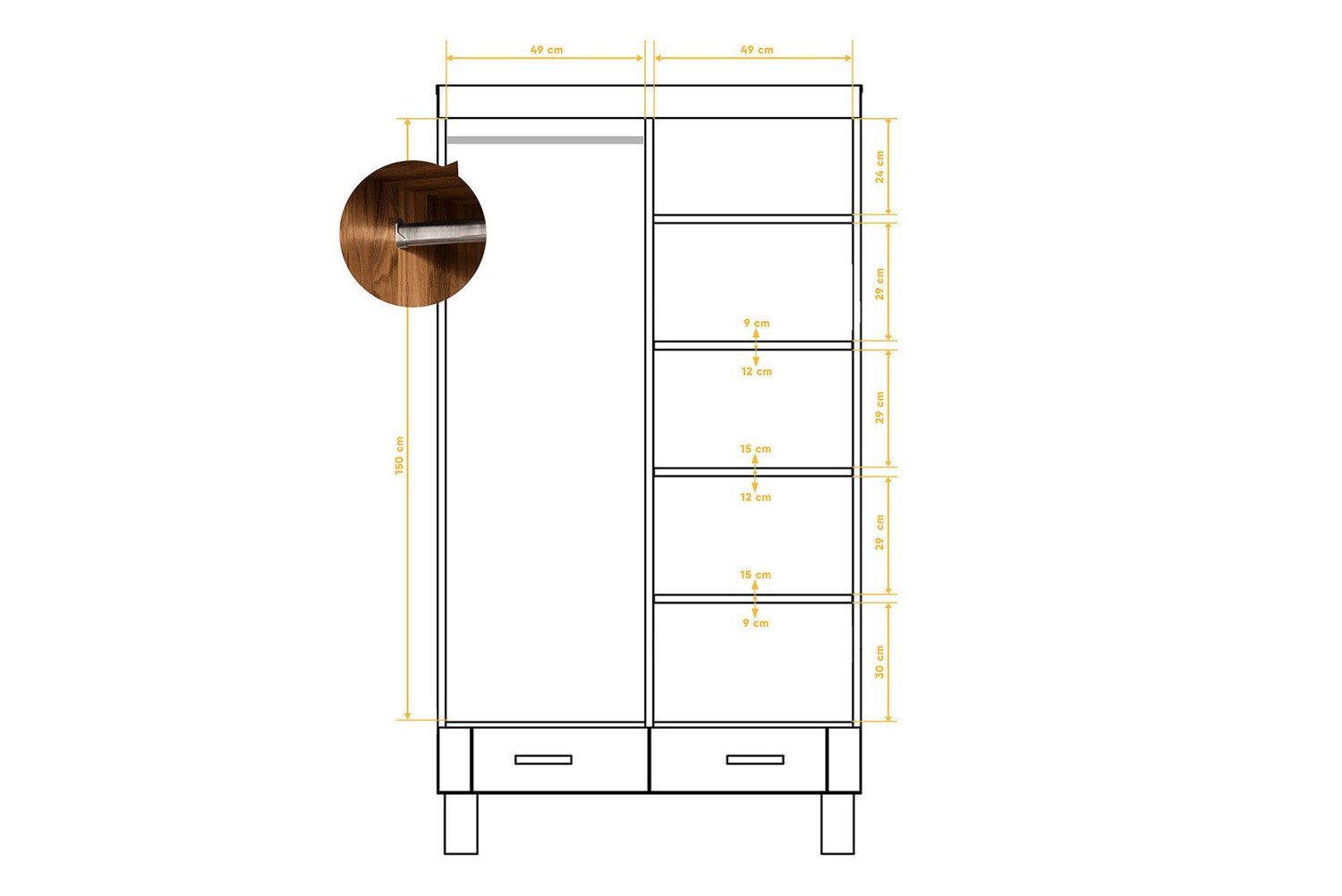 Schubladen Kleiderschrank 105x55x190 Natur24 m. Kleiderschrank 2 Wildeiche 2 Türen und Ringo