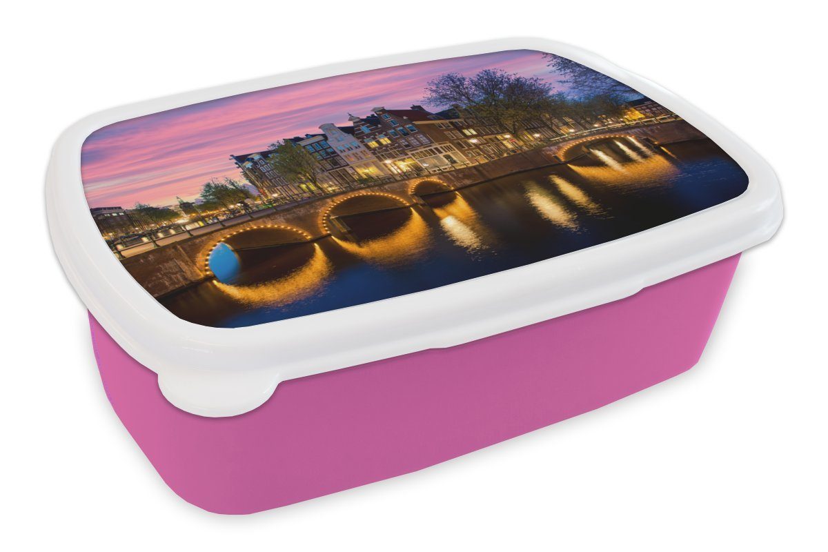 MuchoWow Lunchbox Amsterdam - Nacht - Gracht, Kunststoff, (2-tlg), Brotbox für Erwachsene, Brotdose Kinder, Snackbox, Mädchen, Kunststoff rosa
