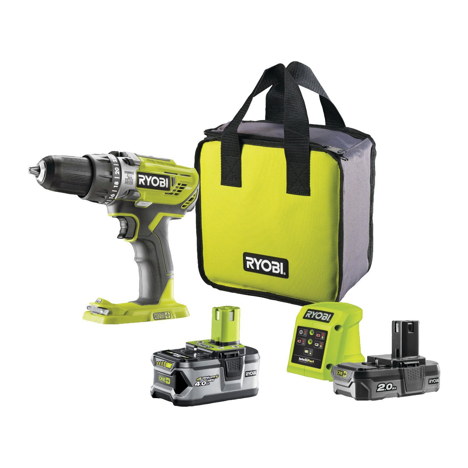 Ryobi Akku-Bohrschrauber Akku-Schlagbohrschrauber, 18 V, max. 1800 U/min,  (Kombi-Set, 5-tlg), Bohrschrauber-Set mit Akkus, Ladegerät und  Werkzeugtasche