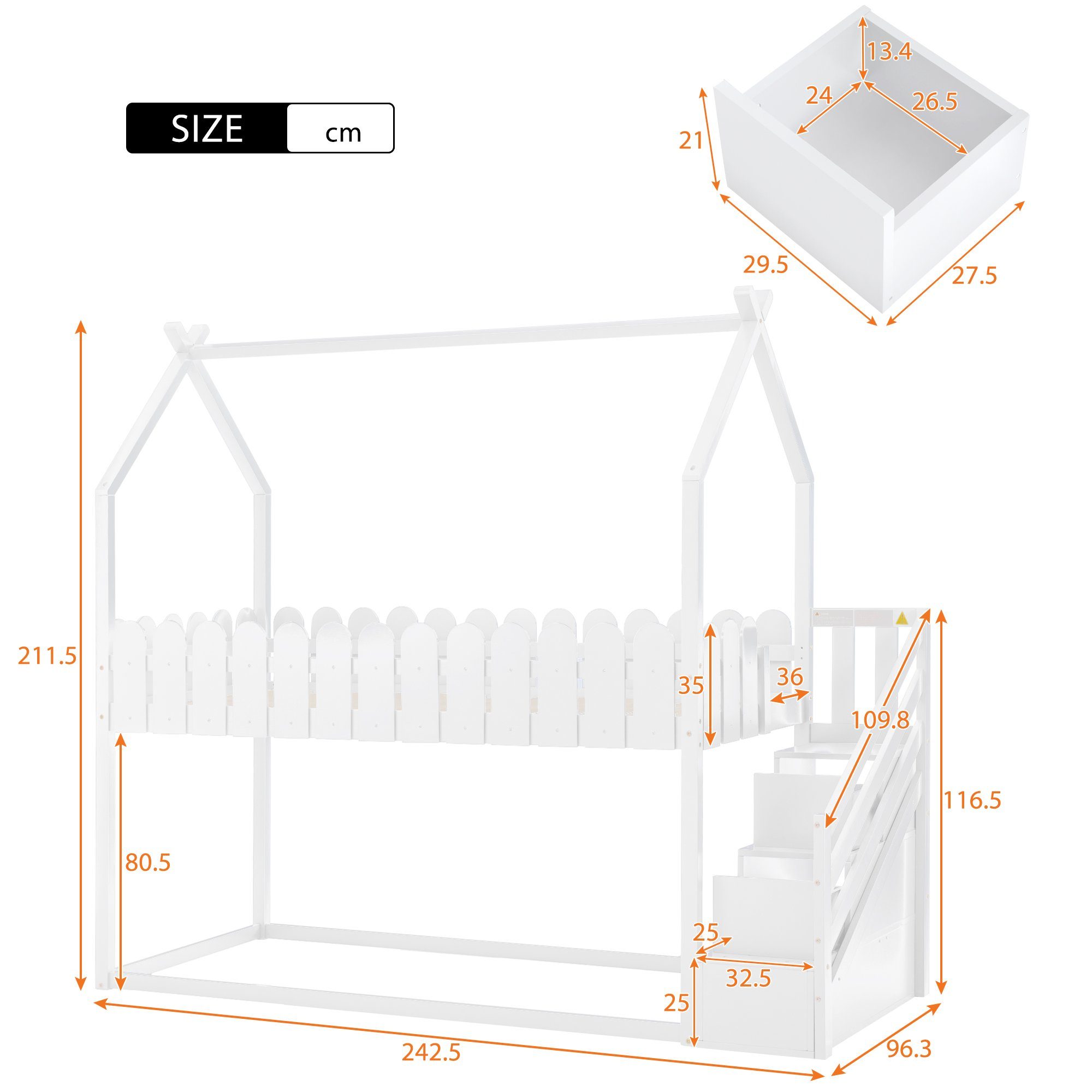 Etagenbett (Hochbett 90x200 mit zwei Schubladen), Kinderbett Hausbett mit Treppe, Rausfallschutz und Lattenrost, Kiefer