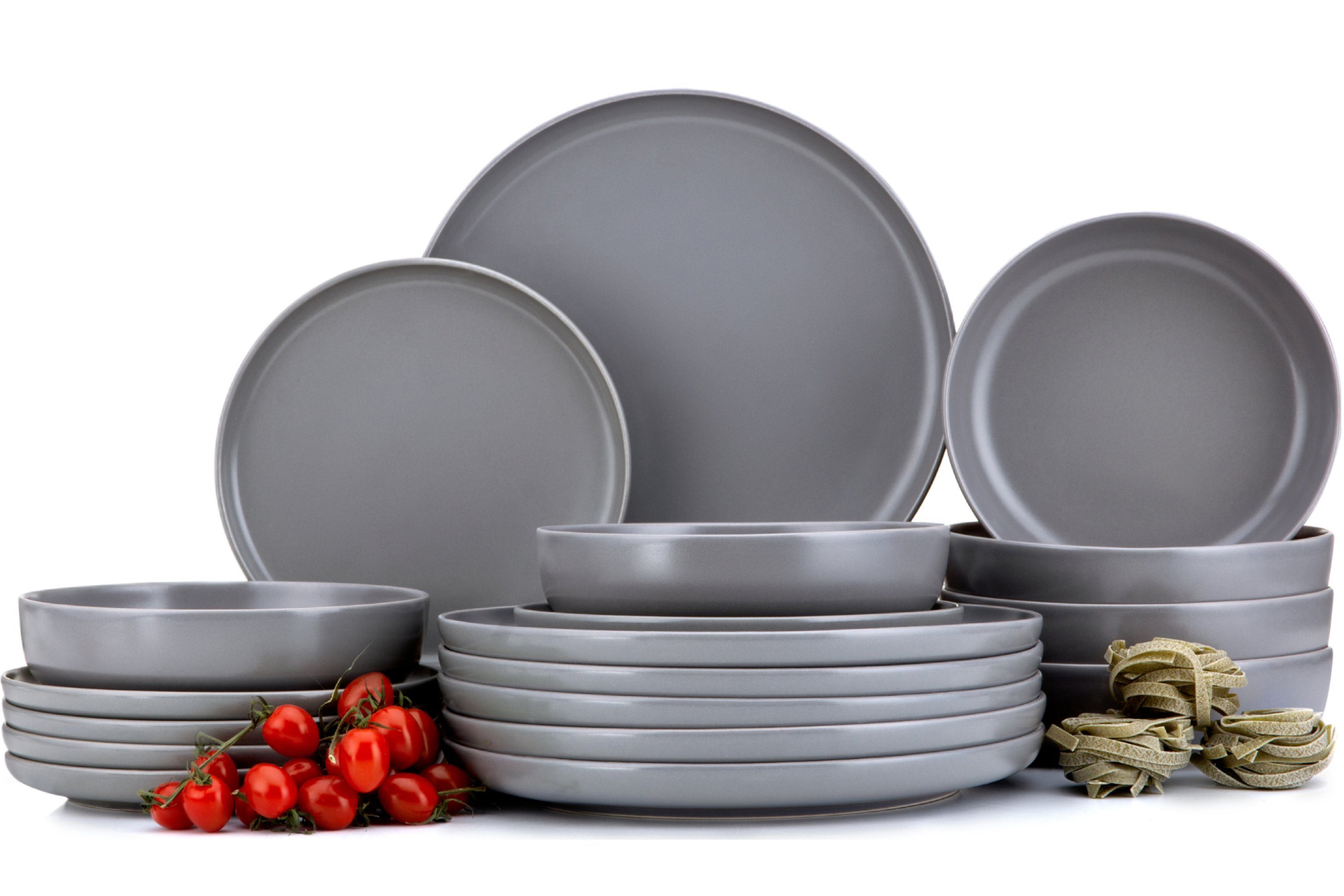 KONSIMO® Tafelservice VICTO Geschirrset hergestellt in der EU (18-tlg), 6 Personen, Steingut, spülmaschinengeeignet, mikrowellengeeignet, matt, rund