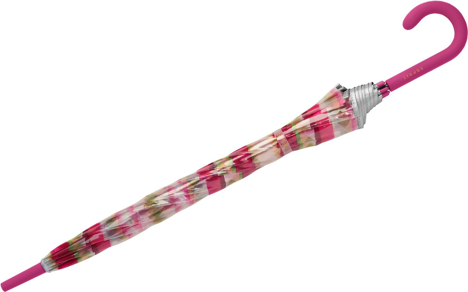 Esprit Stockregenschirm Automatik-Glockenschirm Kaleidoscope transparent, farbenfroh bedruckt mit pinkfarbenen Vierecken
