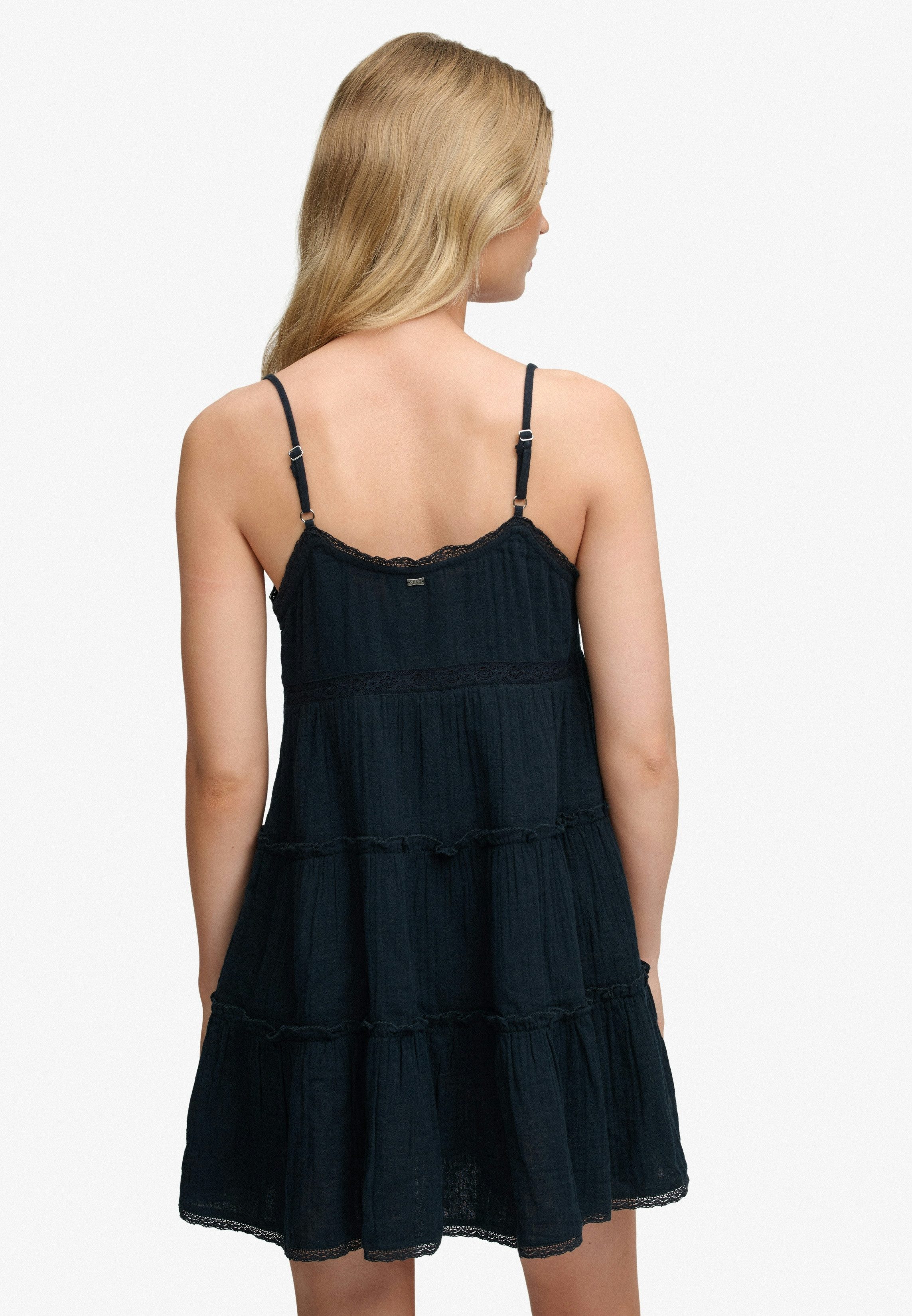 Superdry Sommerkleid CHEESECLOTH TIERED MINI DRESS aus Baumwolle, Relaxed Fit, ohne Ärmel, pflegeleichtes Webmaterial