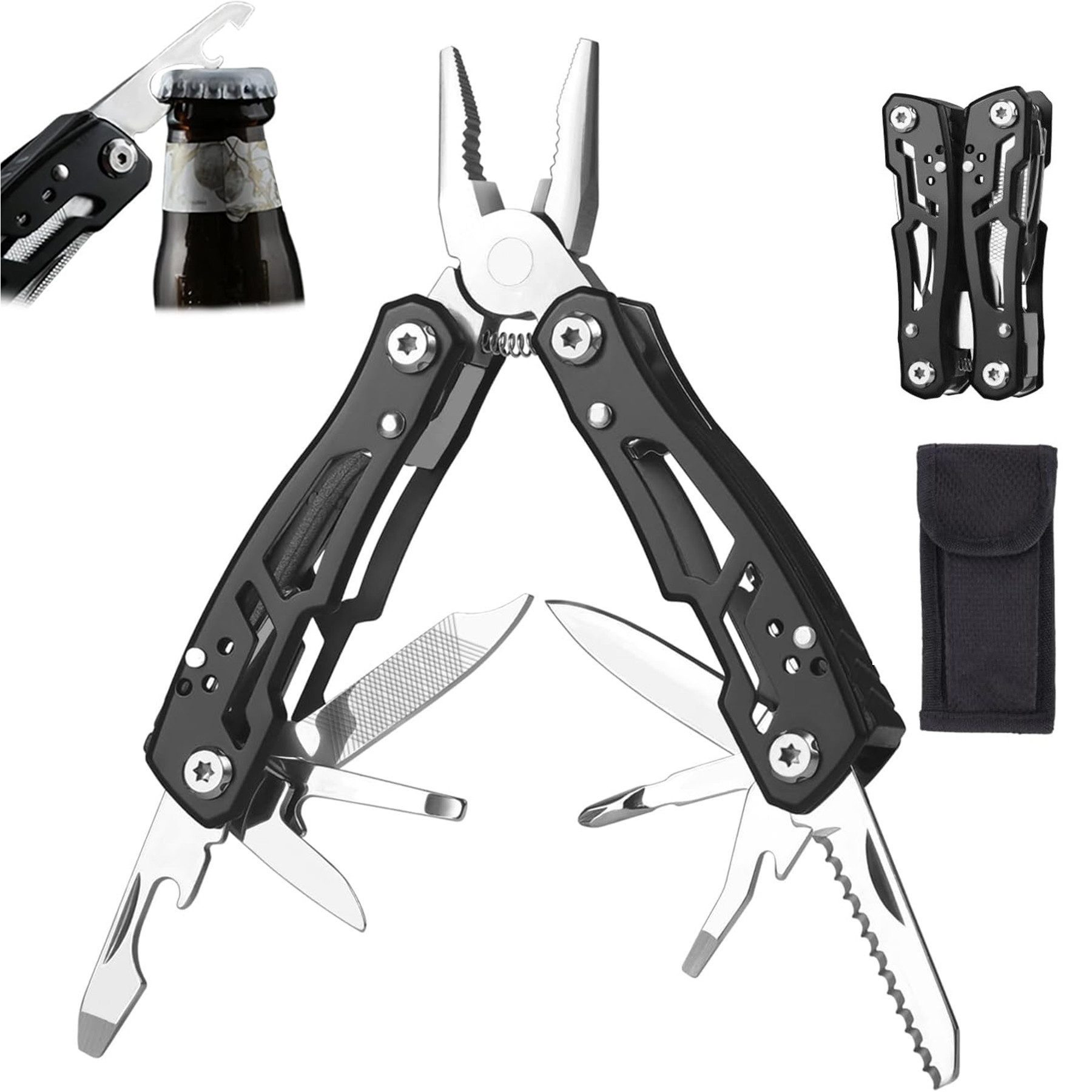 Mutig Taschenmesser 14-in-1 Edelstahl Multifunktionszange: Schneiden, Öffnen, Karabiner, (Faltbares Edelstahl Multifunktionswerkzeug mit Messer, Flaschenöffner, Schere, Gürtelclip für Camping Reparieren), Ideal für Alltag, Camping, Notfälle