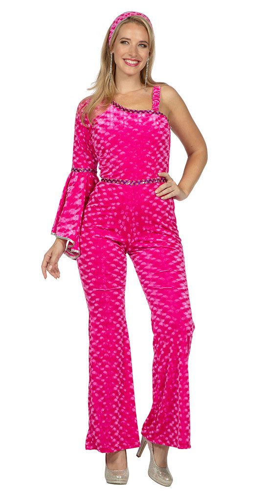 Karneval-Klamotten Kostüm 70er Jahre Disco Schlager Damen Catsuit Samt pink, Stretch Disco-Overall Damenkostüm Frauenkostüm Schlager Party Karneval