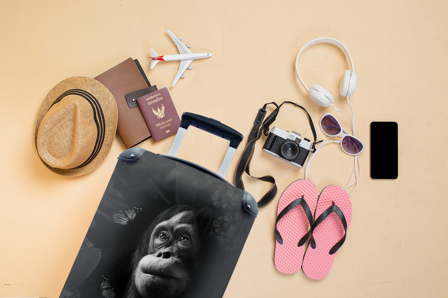 MuchoWow Handgepäckkoffer Affe Trolley, Reisetasche Dschungel für 4 Handgepäck Ferien, im schaut weiß, mit an Rollen, schwarz Schmetterlinge - rollen, Reisekoffer und sich