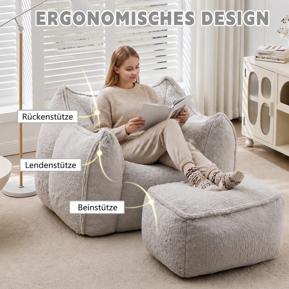 Leawin Relaxliege Sofas Wohnzimmer Loungesessel mit Hocker aus Kunstfell, Weicher Bean Bag Sessel mit Fußhocker und Schaumstofffüllung
