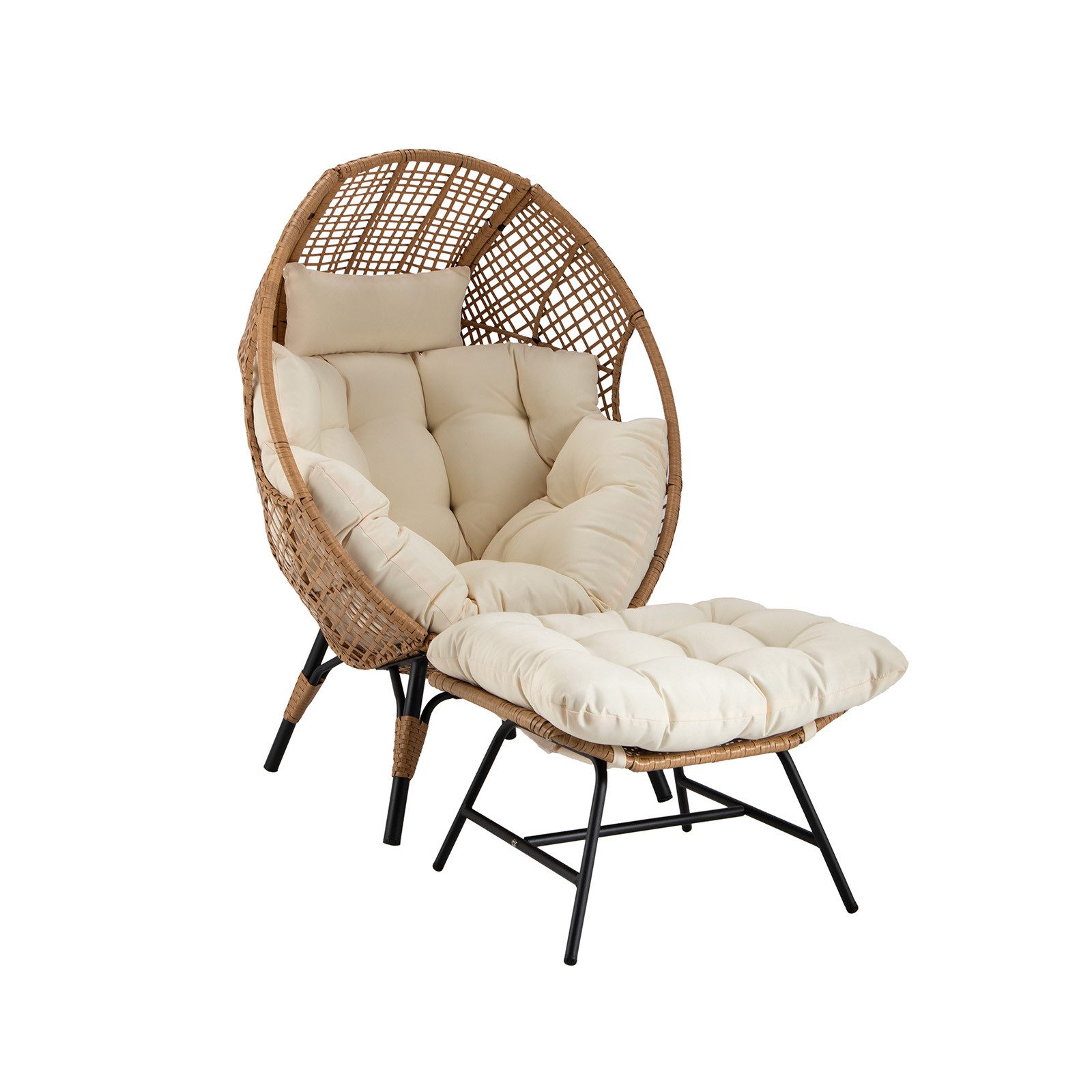 Endorphin Gartensessel Loungesessel Egg Chair, Gartenmöbel, Korbsessel für drinnen u. draußen (1 Loungesessel inkl. Rückenkissen + 1 Ottomane inkl. Kissen), Belastbar bis 200 kg
