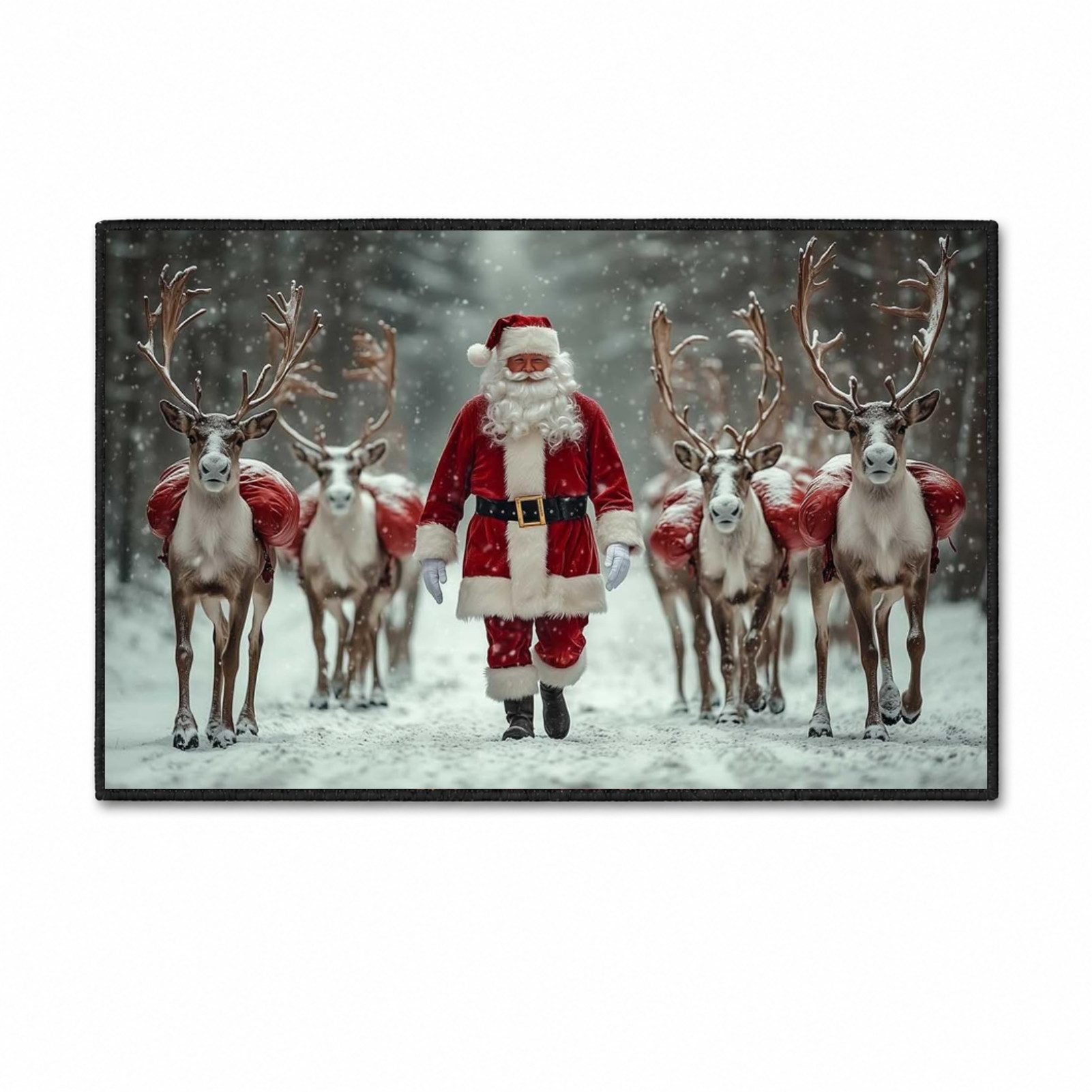 Jumpeak Teppich Weihnachtsmann Rentier Winterwald Schnee Weihnachten Teppich, Rechteckig, Höhe: 5 mm, Kunstkaschmir, pflegeleicht, kurze Fasern, angenehm zu tragen