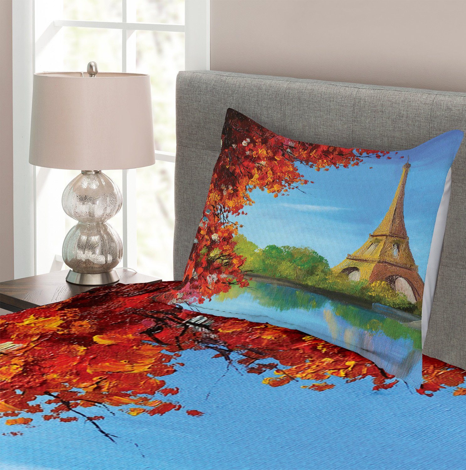 Tagesdecke Set mit Herbst-Eiffelturm-Malerei Paris Abakuhaus, Waschbar, Kissenbezügen