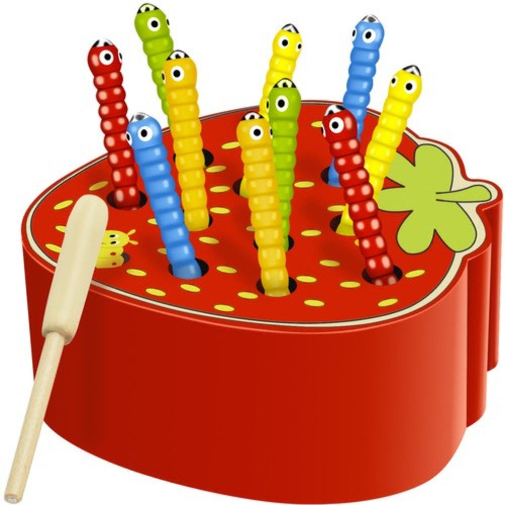 KRUZZEL Lernspielzeug Holzspiel Erdbeere Kinder (Spar-Set, 1-St., Kinderspielzeug), Motorikspiel Würmer angeln