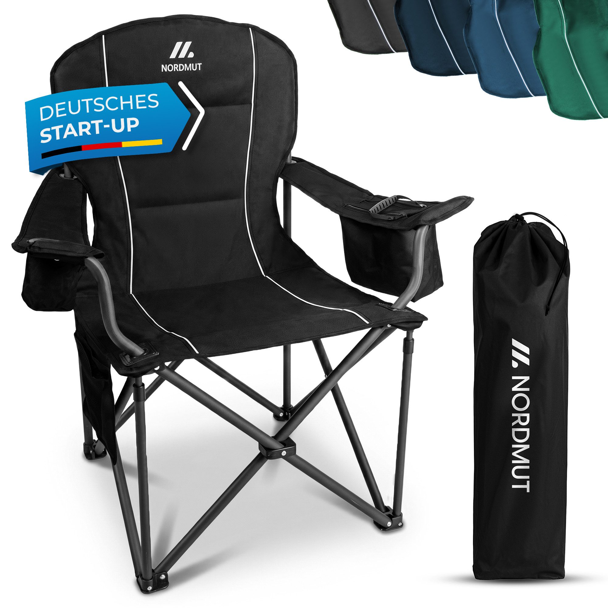 Nordmut Campingstuhl Klappstuhl faltbar, Outdoor Strand Angeln Garten, 200 kg, Armlehne (Spar-Set, 1 St), Kühltasche, Getränkehalter, breite Sitzfläche, gepolstert, wetterfest