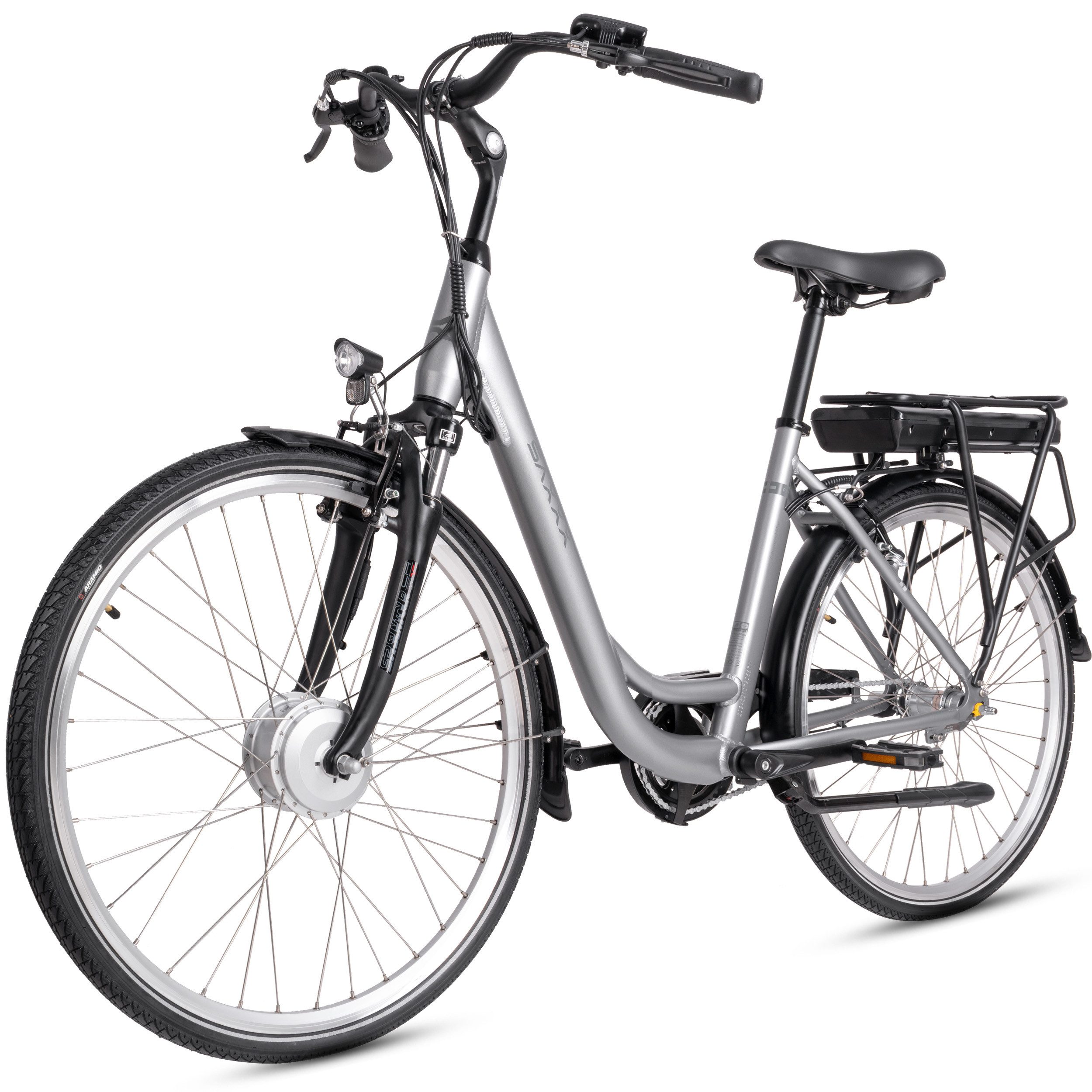 SAXXX E-Bike Cityrad 28'' Damen&Herren, Citybike, APW, 375Wh, 90km, Rücktrittbremse, 3 Gang SHIMANO Nexus Schaltwerk, Nabenschaltung, Vorderradmotor, 375 Wh, (mit Gepäckträger, abnehmbarer Akku, 95 % vormontiert), Pedelec, E-Citybike mit Tiefeinstieg, RH: 45/50 cm, bis 130kg