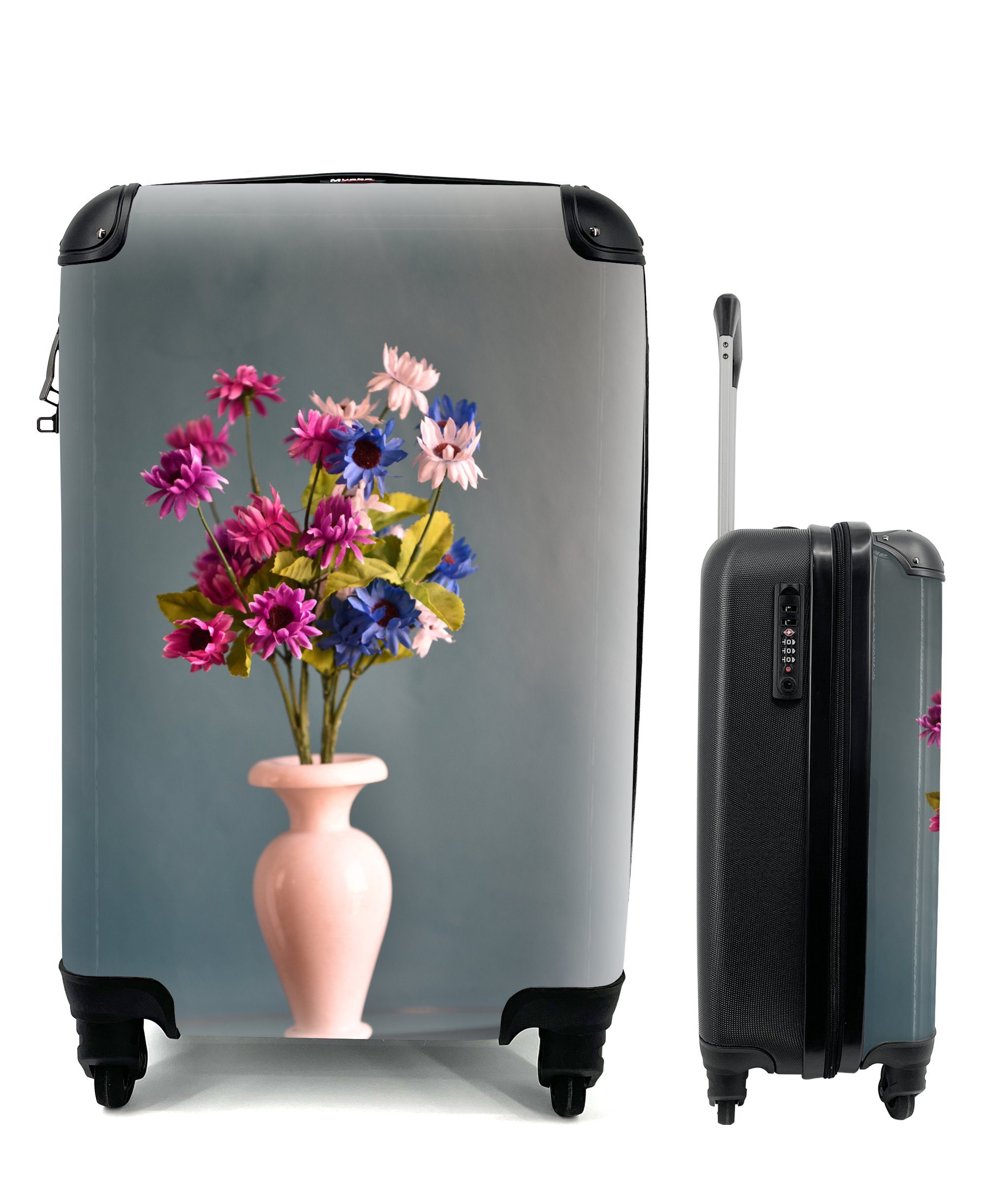 MuchoWow Handgepäckkoffer Blumen - Vasen - Rosa, 4 Rollen, Reisetasche mit rollen, Handgepäck für Ferien, Trolley, Reisekoffer