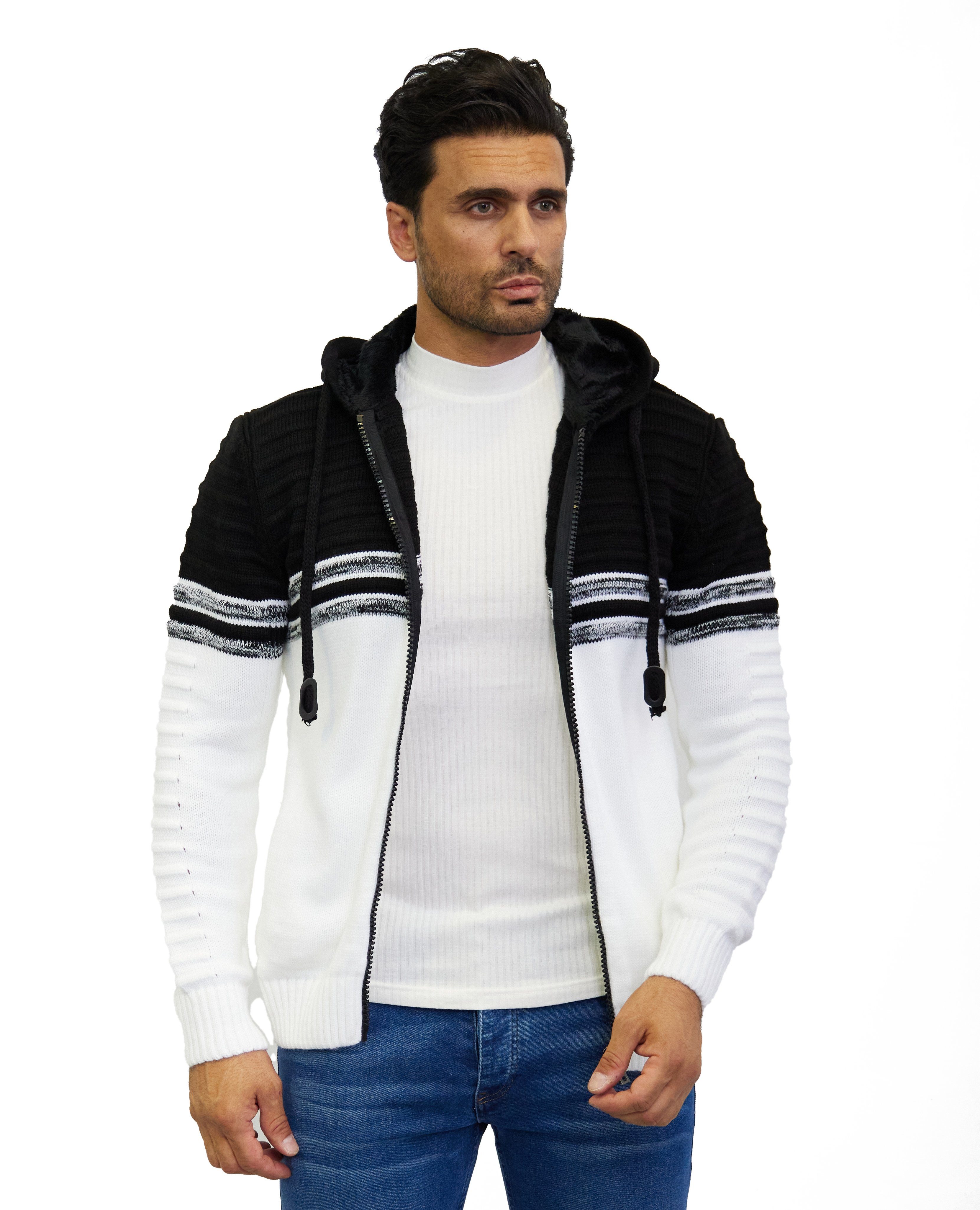 Denim Distriqt Strickjacke Herren Strickjacke mit flauschiger Kapuze und Seitentaschen Weiß