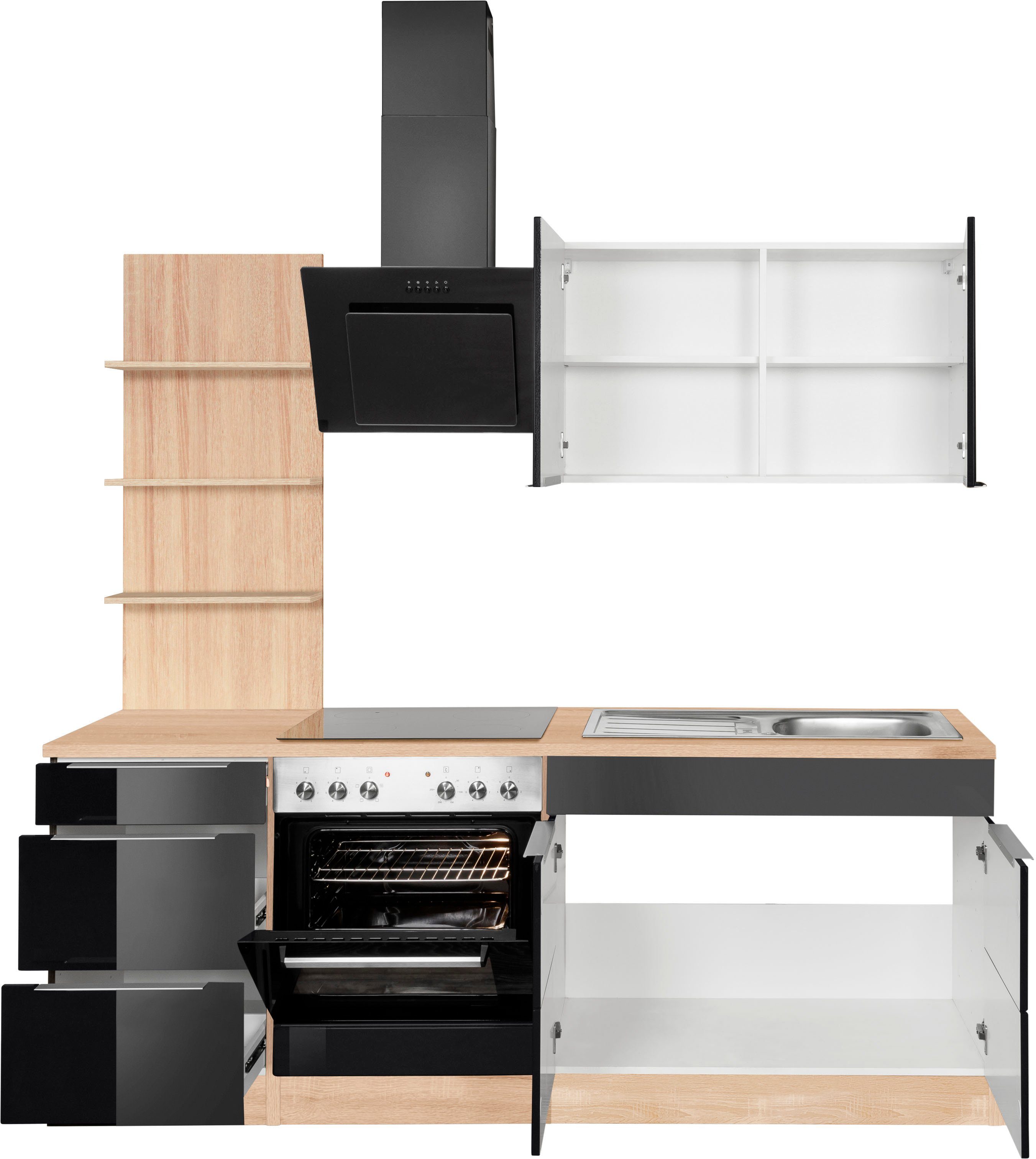 HELD MÖBEL Küchenzeile Brindisi, schwarz eichefarben | cm Breite mit E-Geräten, 210 Hochglanz/eichefarben