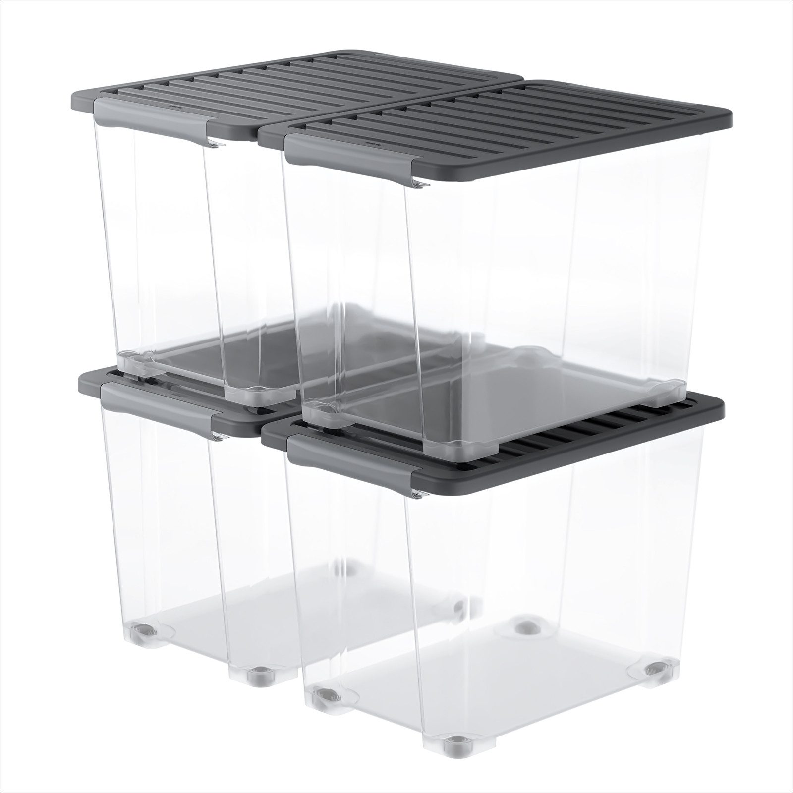 ROTHO Aufbewahrungsbox 4er-Set CORE PLUS 65 L stapelbare Box mit Deckel und Räder (Lagerboxen-Set, 4er-Set), große Rollbox ideal für Kleidung, Decken und Haushaltsartikel