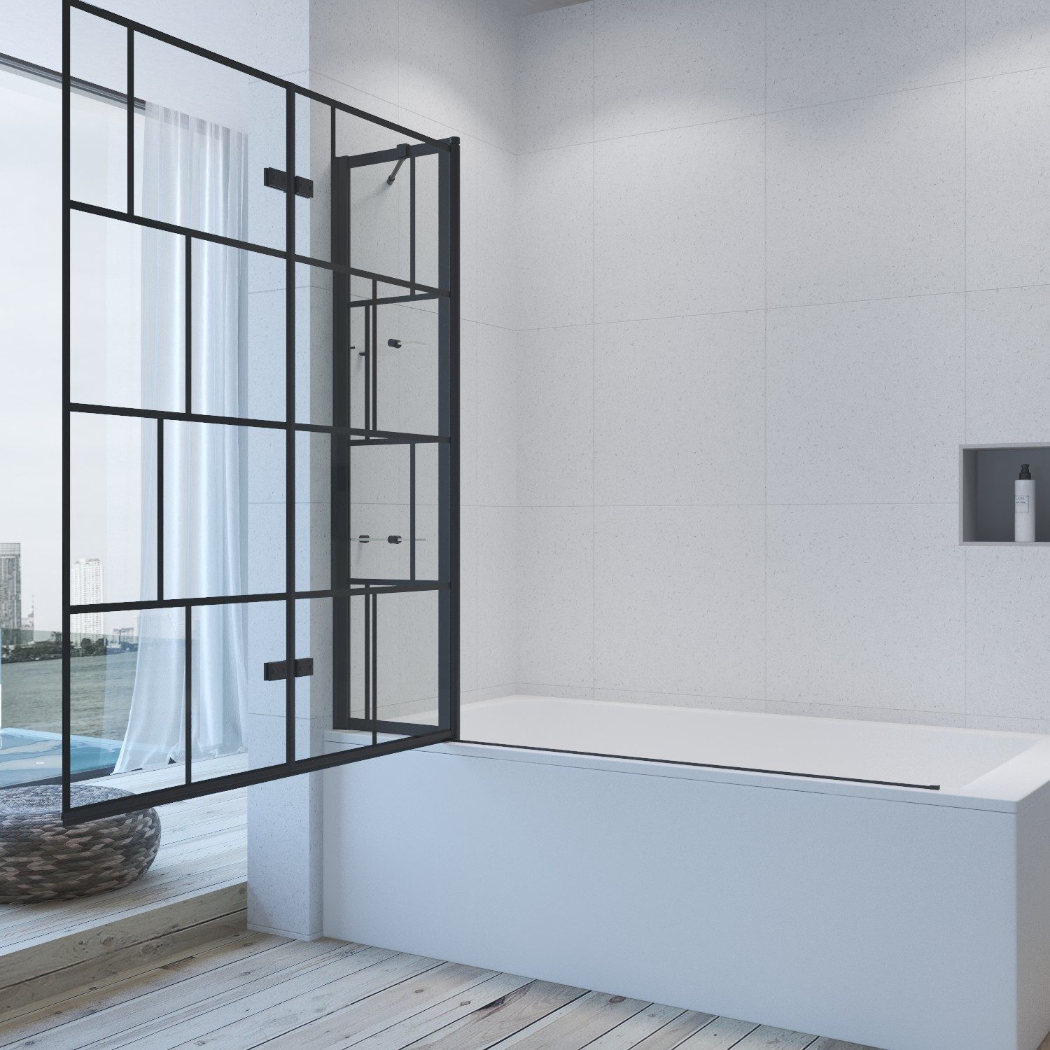 AQUALAVOS Badewannenfaltwand Duschabtrennung Badewannenaufsatz Falttür Glas Duschwand für Badewanne, 5 mm Einscheiben-Sicherheitsglas (ESG) mit Nano einfach-Reinigung Beschichtung, BxH: 150x140 cm, Faltbar und schwenkbar 180°, mit Acryl- Duschablage