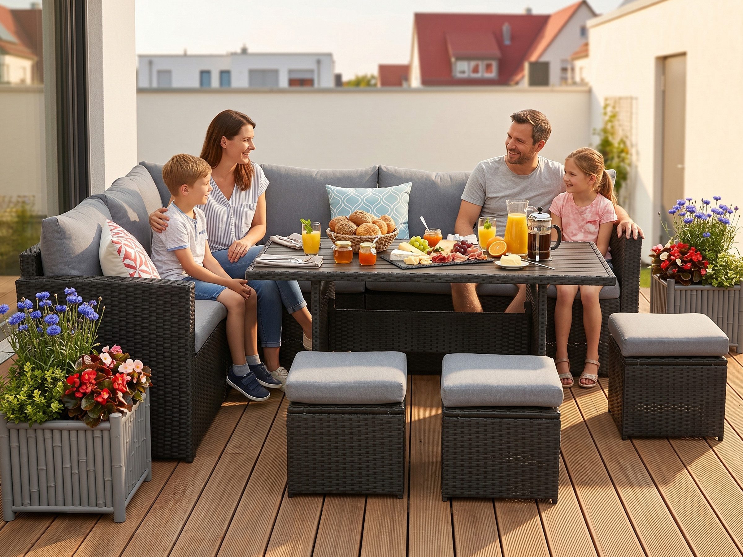 MeXo Loungeset Gartenlounge Set für 8 Personen wetterfest, (Esstisch breit 132x76x67cm, 7-tlg., Belastbarkeit pro Sitzplatz bis zu 140kg), Ecklounge, pflegeleichte Polywood-Tischplatte, Polyrattan/Stahl