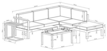 Destiny Gartenlounge-Set ARENAL, (Set, 15-tlg., Ecklounge, 1 Hocker, Tisch, Beistelltisch, inkl. Auflagen), Aluminium, Tisch 100x60x49/56cm, Beistelltisch 60x35x58 cm