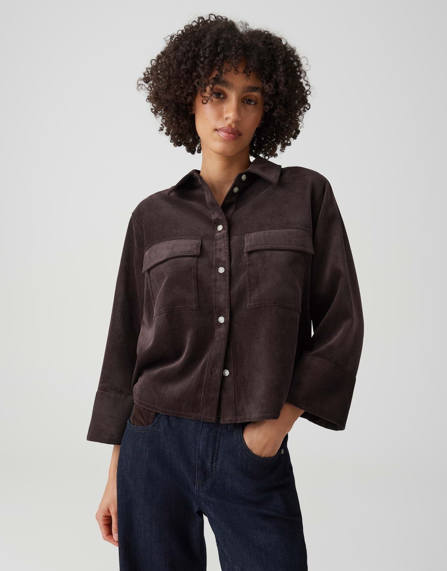 OPUS Langarmbluse aus Cord Regular Fit Pattentaschen