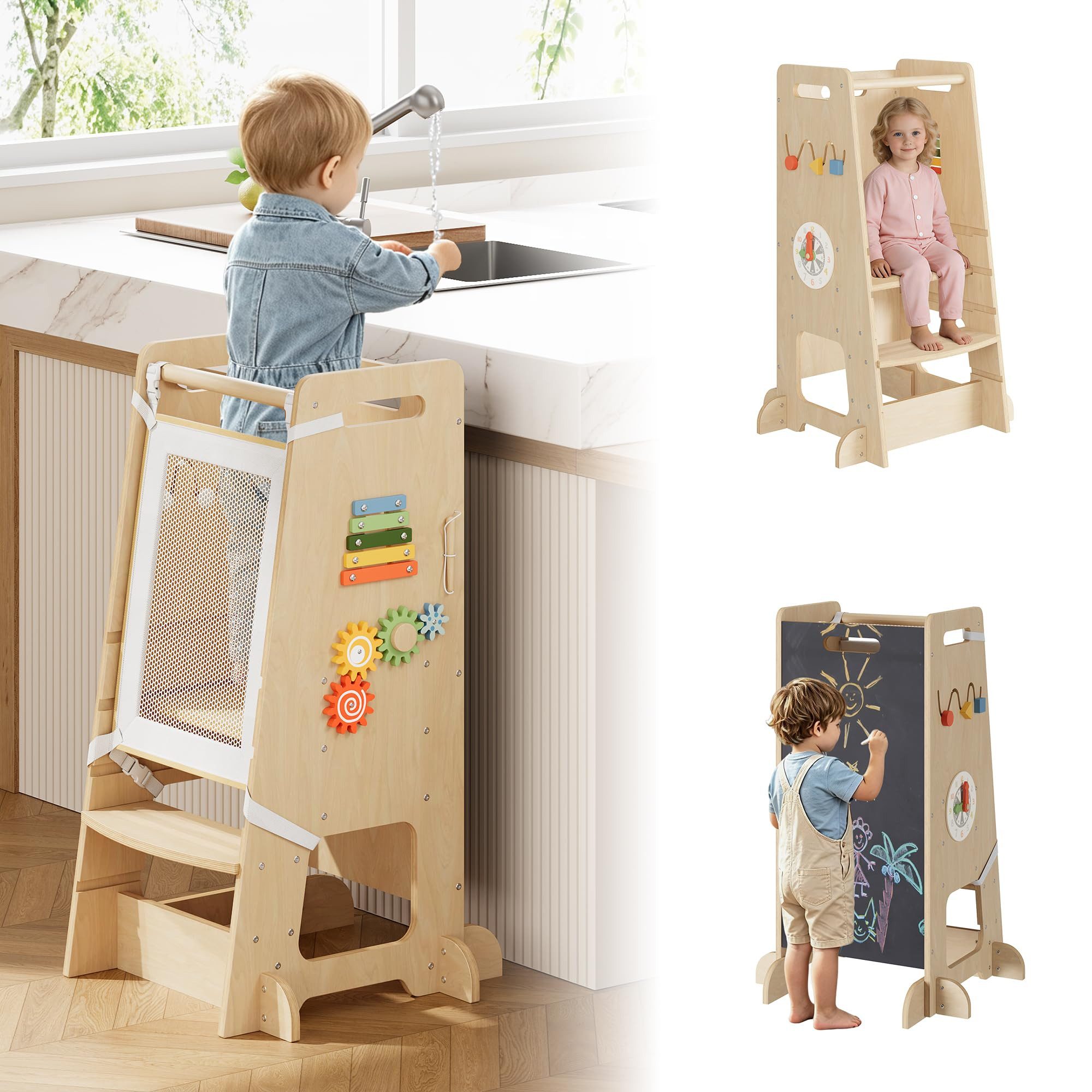 GarveeMore Stehhilfe 4-in-1 Vielseitig gestaltet Kinderstuhl Holzstuhl Küchenstuh (1 St), Verstellbarer Küchenhelfer, Trittleiter Aktivitätsturm für Kleinkinder
