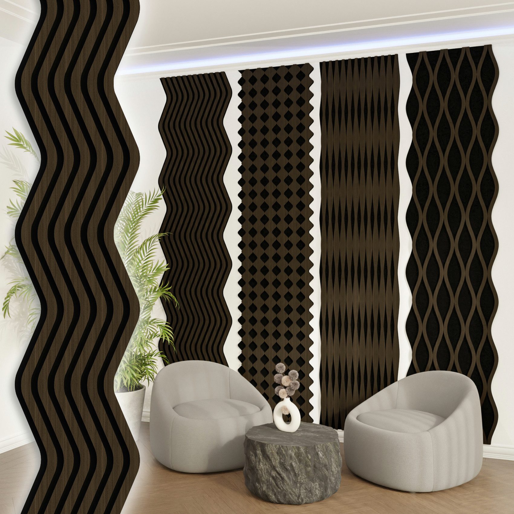 AKUSTIKO Wanddekoobjekt Chevron (Akustikpaneele Shaped 1 Stück 280x33,5cm Holz MDF - XXL Wandpaneele Platten Lamellen Holzpaneele Echtholzfurnier 21mm Filz Schalldämmung MDF Schwarz (0,94m² Chevron)