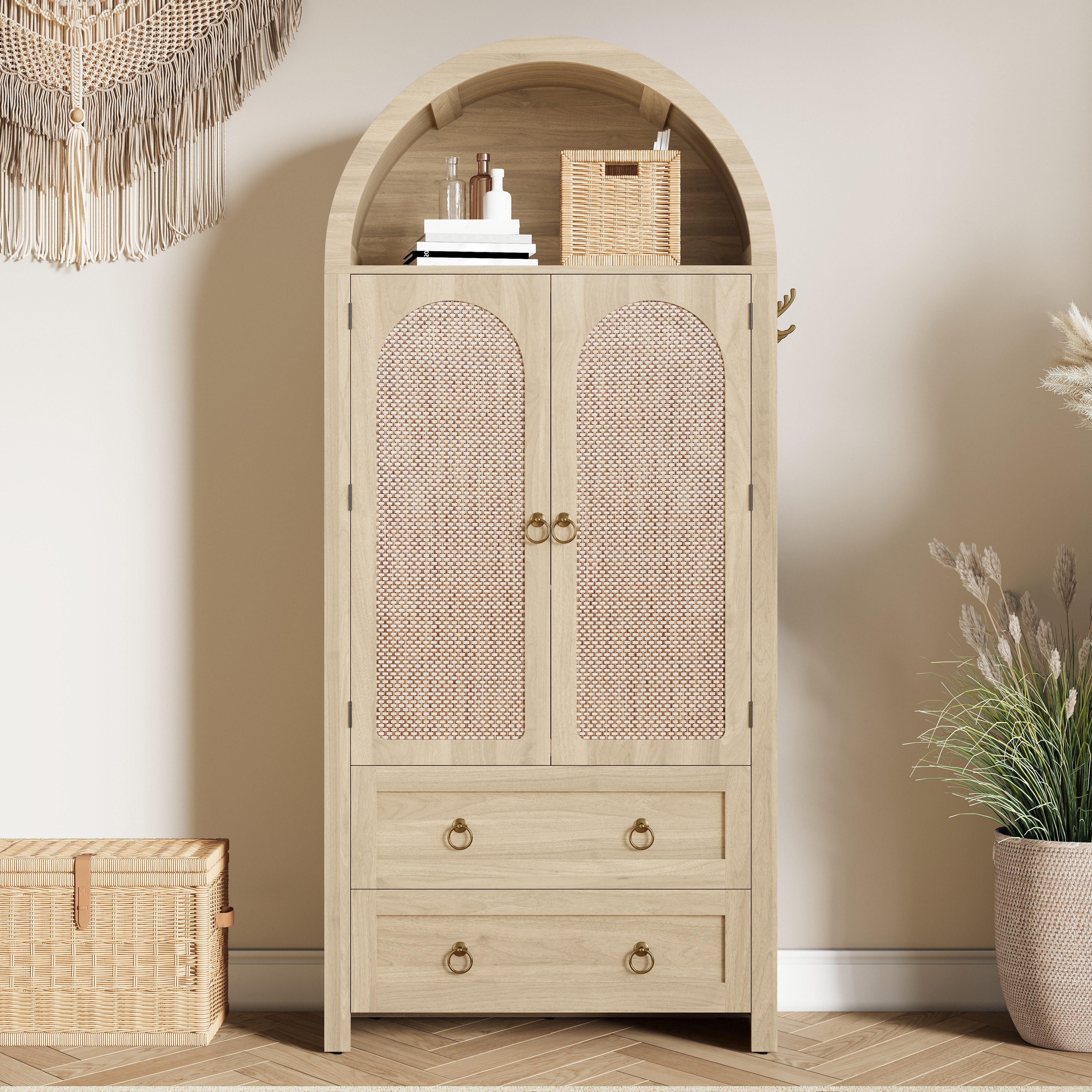 Merax Sideboard im Vintage-Rattan-Stil, Bogenförmiger Schrank (1 St., 80 L x 40 B x 180 H), Kommode mit 2 Türen, 2 Schubladen und Stauraum, Aufbewahrungsmöbel