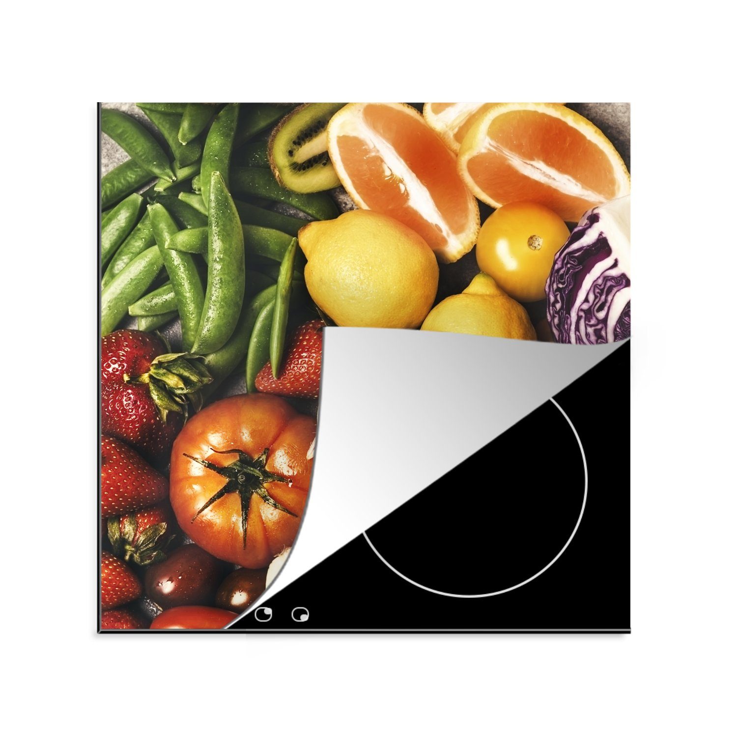 MuchoWow Herdblende-/Abdeckplatte Obst - Gemüse - Farben, Vinyl, (1 tlg), 78x78 cm, Ceranfeldabdeckung, Arbeitsplatte für küche