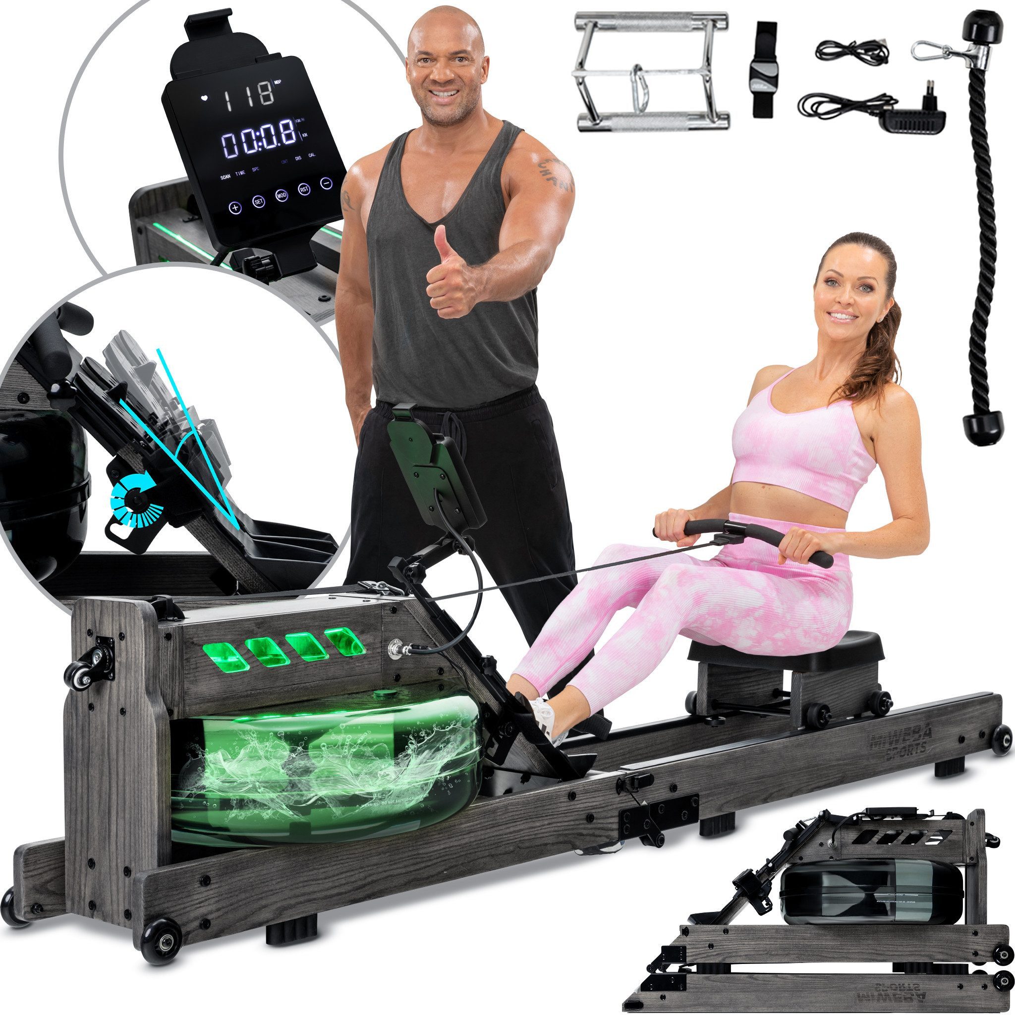 Miweba Sports Rudergerät Wasser-Rudergerät MR700 Pro (Set, klappbar, Rudermaschine, Ganzkörpertrainer), klappbar, 3 Trainingsgriffe; beleuchteter, Pulsarmband