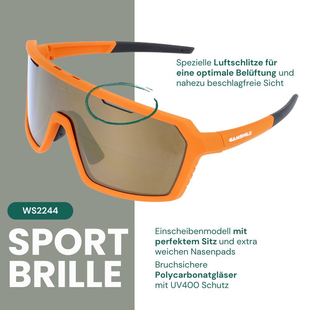 Gamswild Sonnenbrille UV400 Sonnenbrille Skibrille Fahrradbrille TR90 tolles Design Damen Herren Unisex, Modell WS2244 in, orange, dunkelgrün, dunkellila
