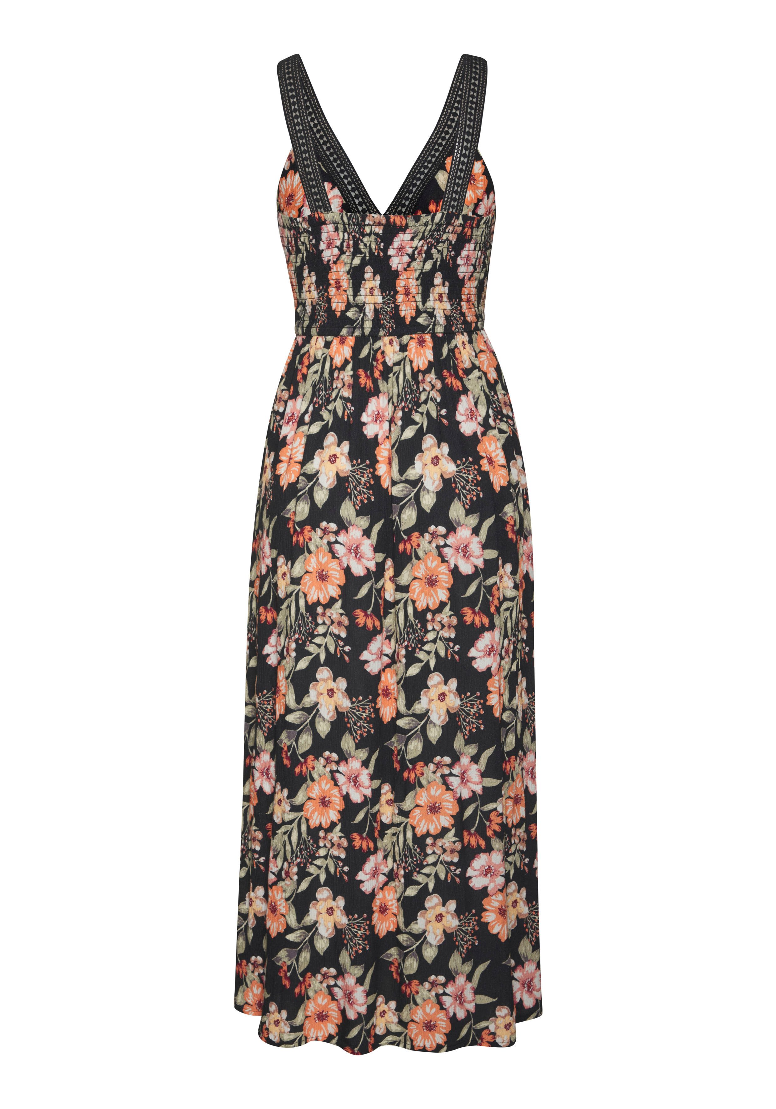 Buffalo Maxikleid mit Blumenmuster und Spitzeneinsätzen leichtes Sommerkleid aus gekreppter Viskose, Strandkleid, Blumenkleid