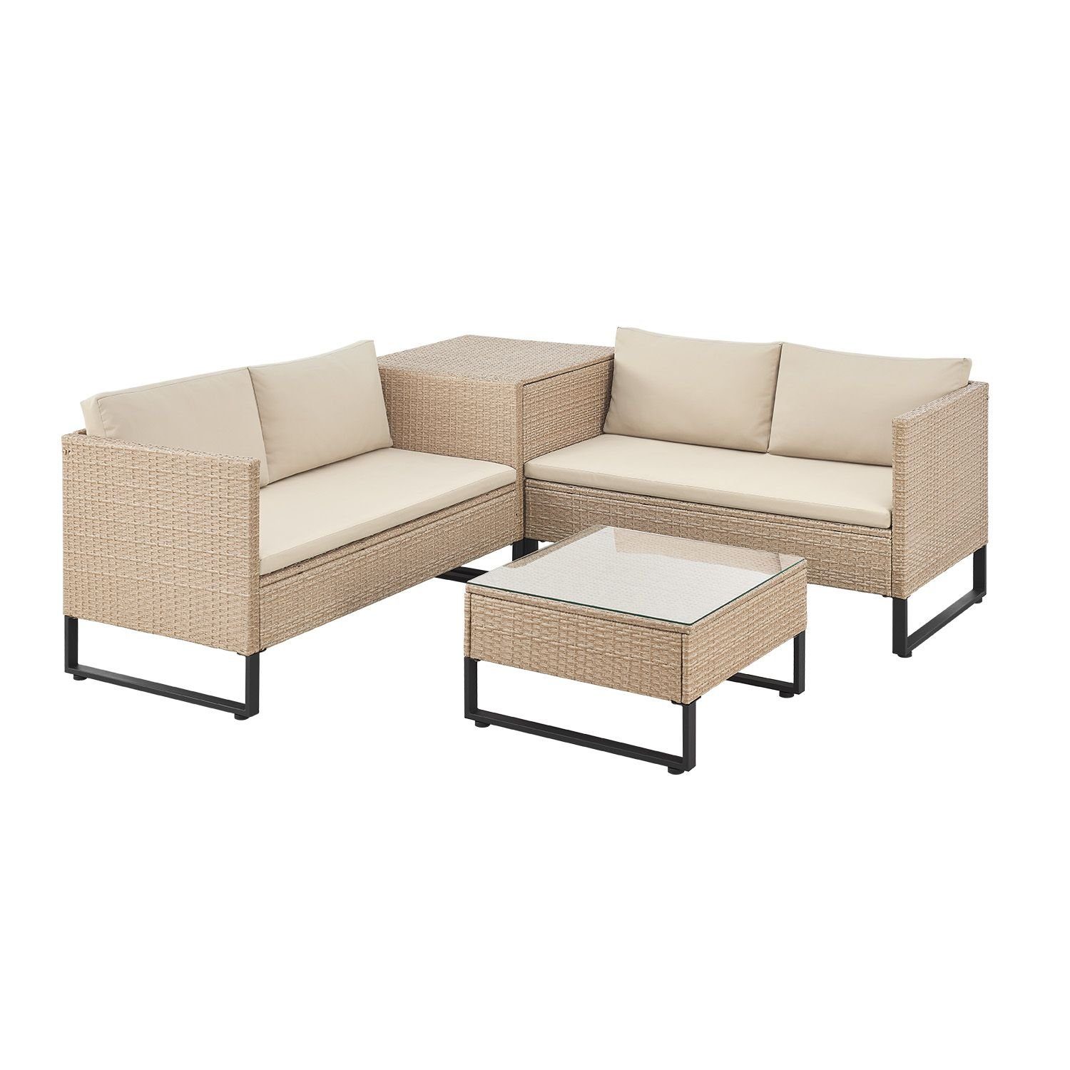 Juskys Gartenlounge-Set Santorini, (4-tlg), Polyrattan Sitzgruppe mit Beistelltisch & Auflagenbox, wetterfest
