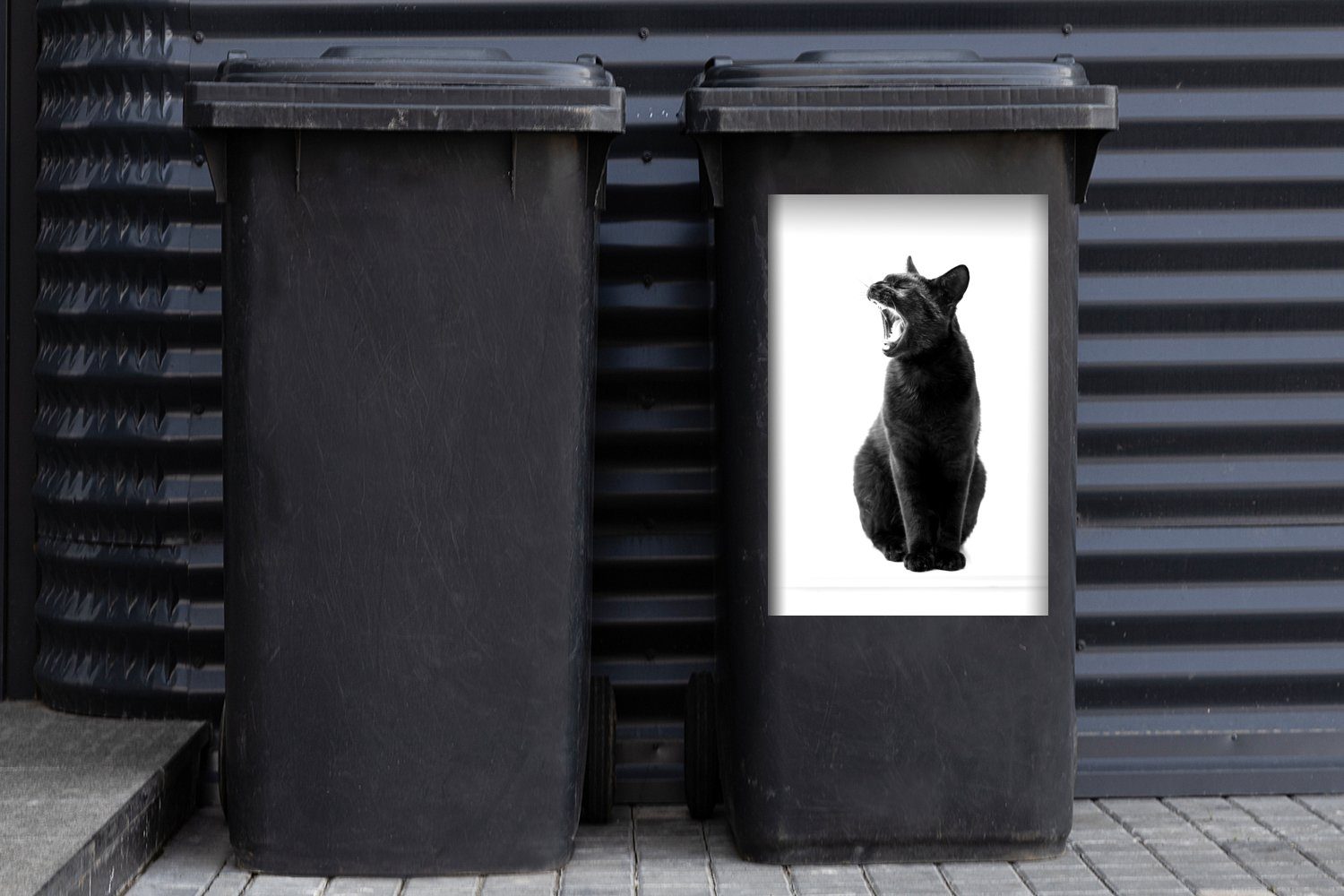 Wandsticker Mülltonne, MuchoWow - Mülleimer-aufkleber, weiß Sticker, Container, Katze Gaping St), schwarze schwarz Abfalbehälter und (1