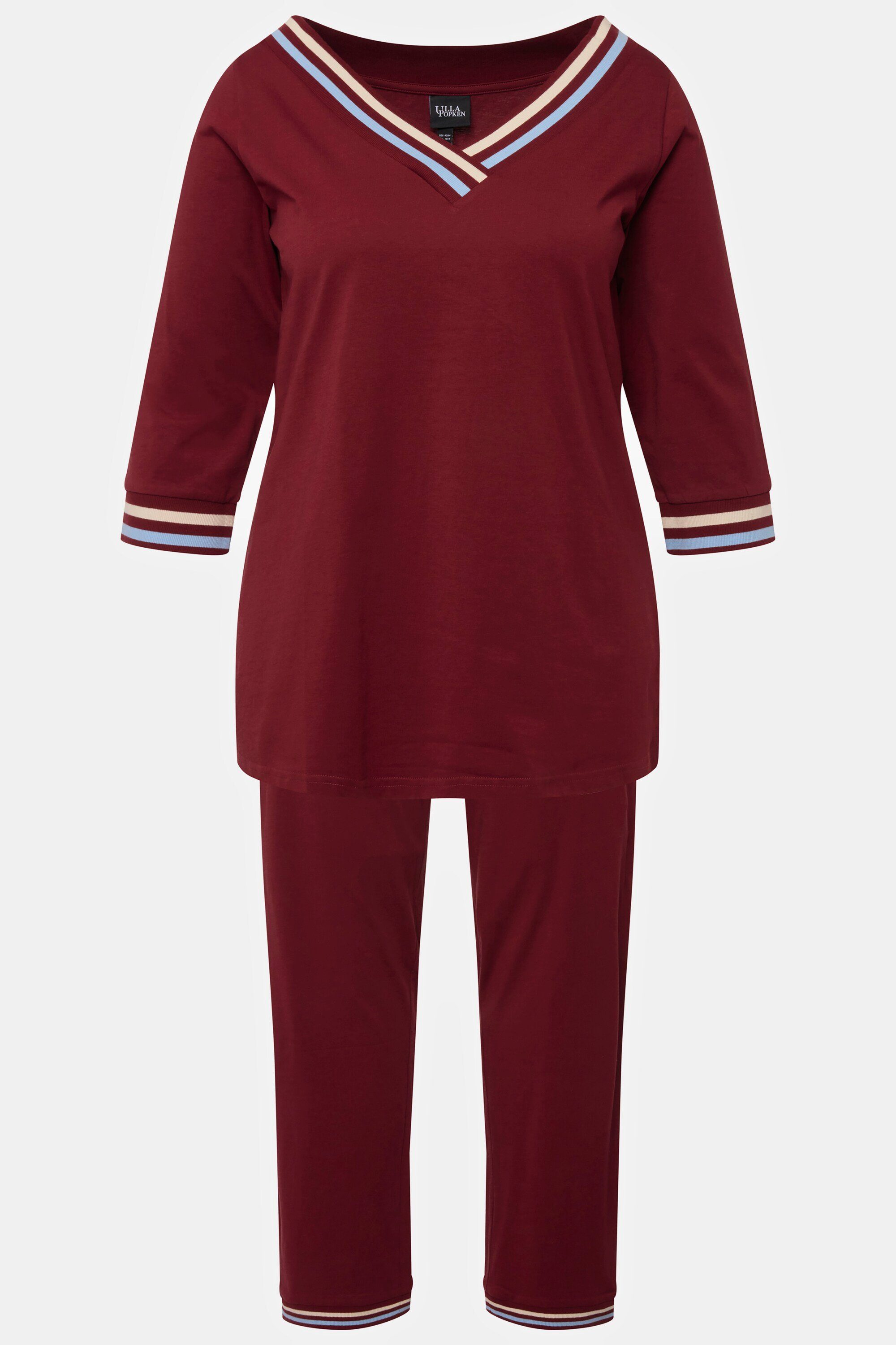 Streifendetails V-Ausschnitt Popken Schlafanzug Ulla Pyjama 3/4-Arm