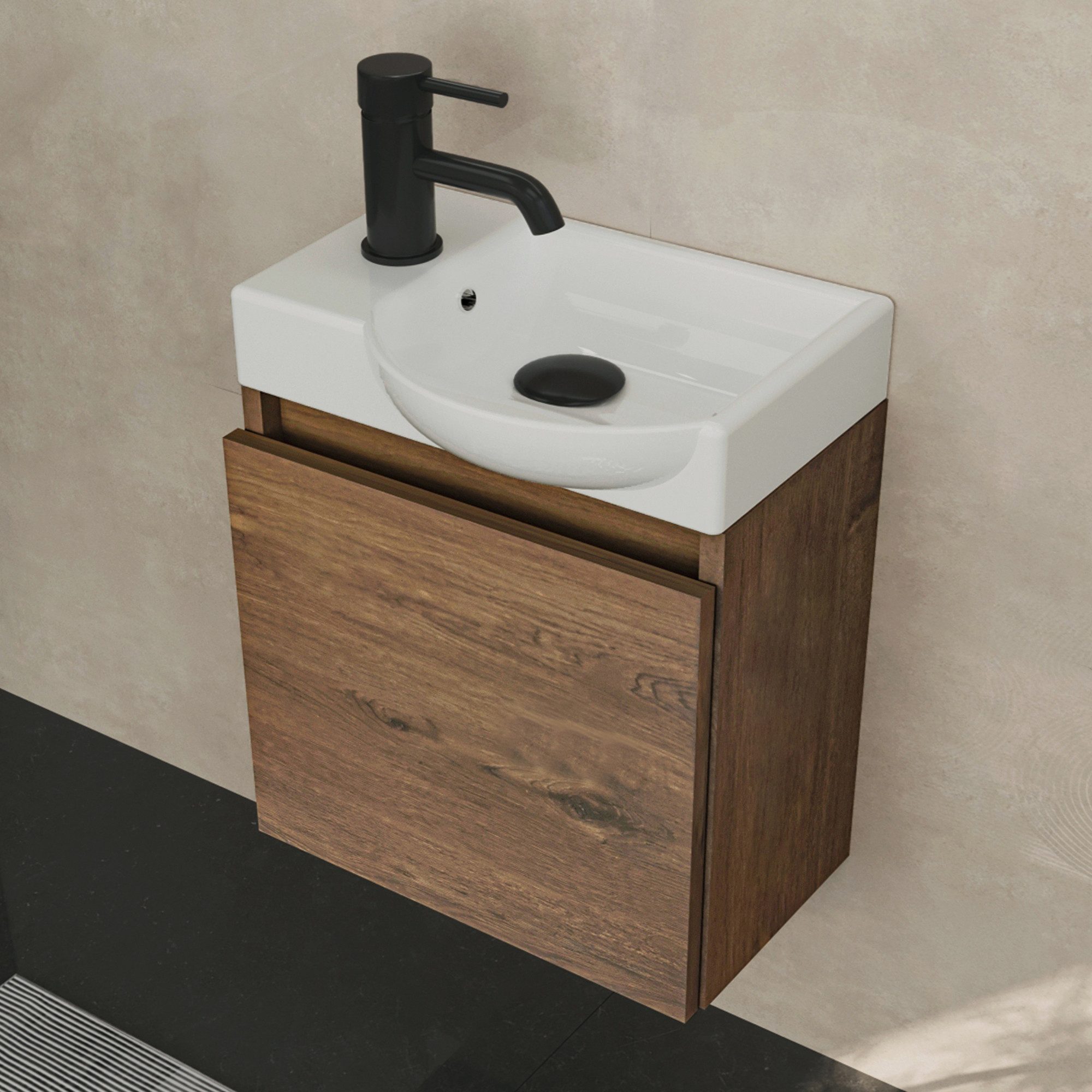 Alpenberger Waschtisch-Set Waschtisch mit Unterschrank hängend 45 cm Gäste WC, (Soft-Close Tür, MDF Eiche, Keramik Becken Rechts mit Überlauf), Waschbecken mit Unterschrank klein & wandhängend