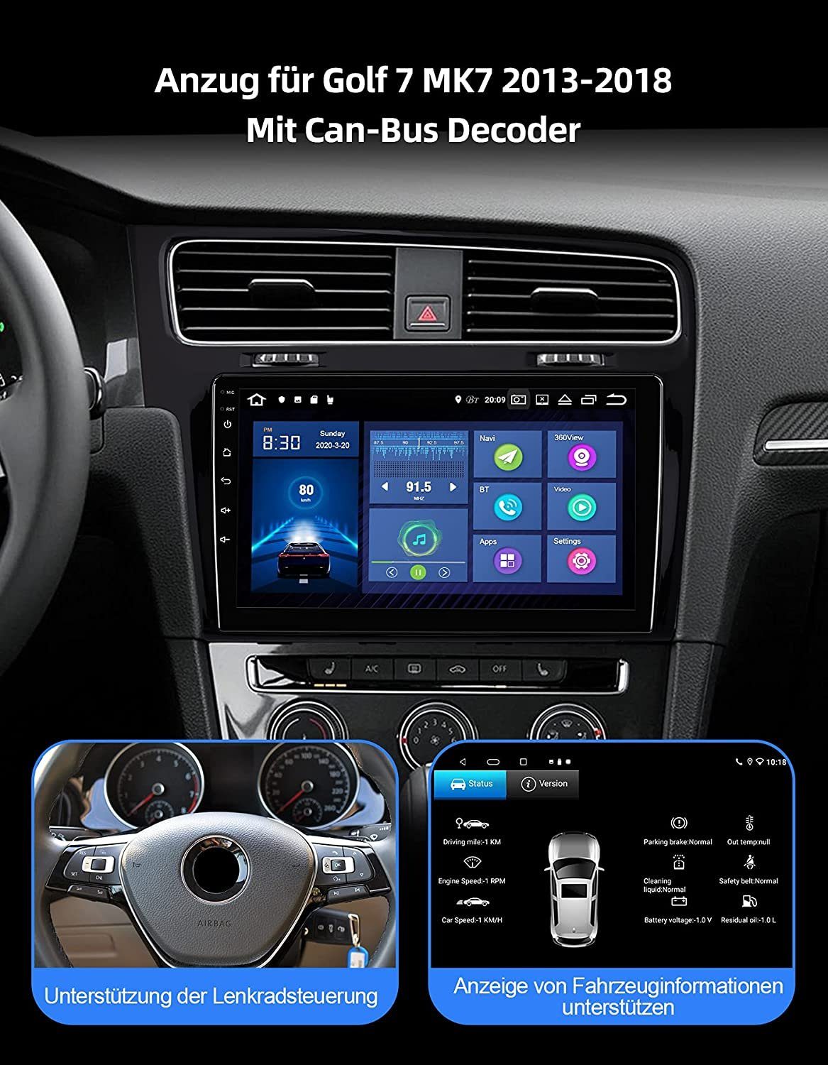GABITECH Wifi (FM, für 10" 7 Golf Navi GPS AM, Tuner 11 Autoradio Bluetooth VW Autoradio inkl. FM/AM RDS) Android RDS, MP5