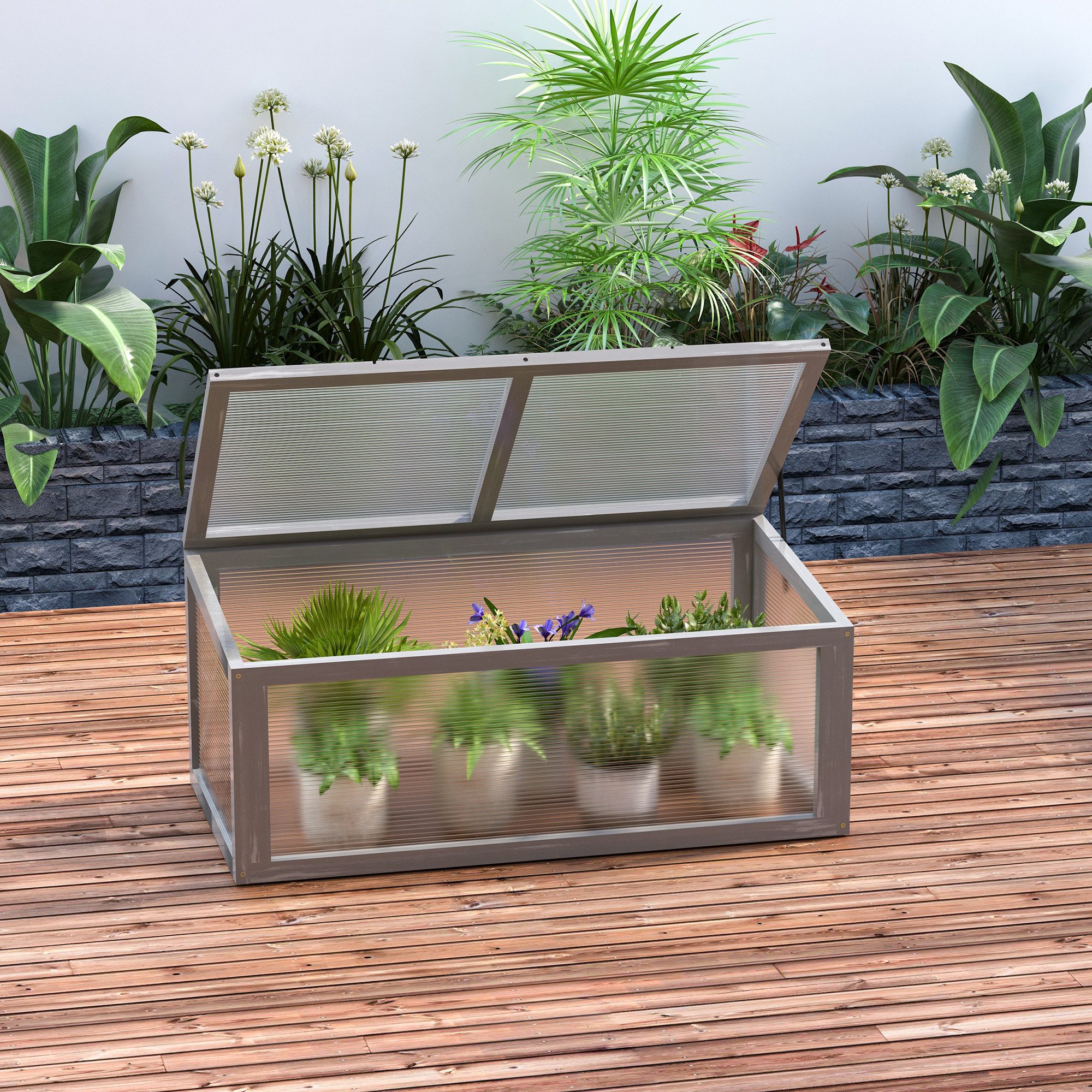 Outsunny Hochbeet Gewächshaus mit Abdeckung wetterfest Frühbeetkasten für Garten (Treibhaus, 1 St., Frühbeet), aus Holz,Polycarbonat, Grau, 90 x 46 x 40 cm